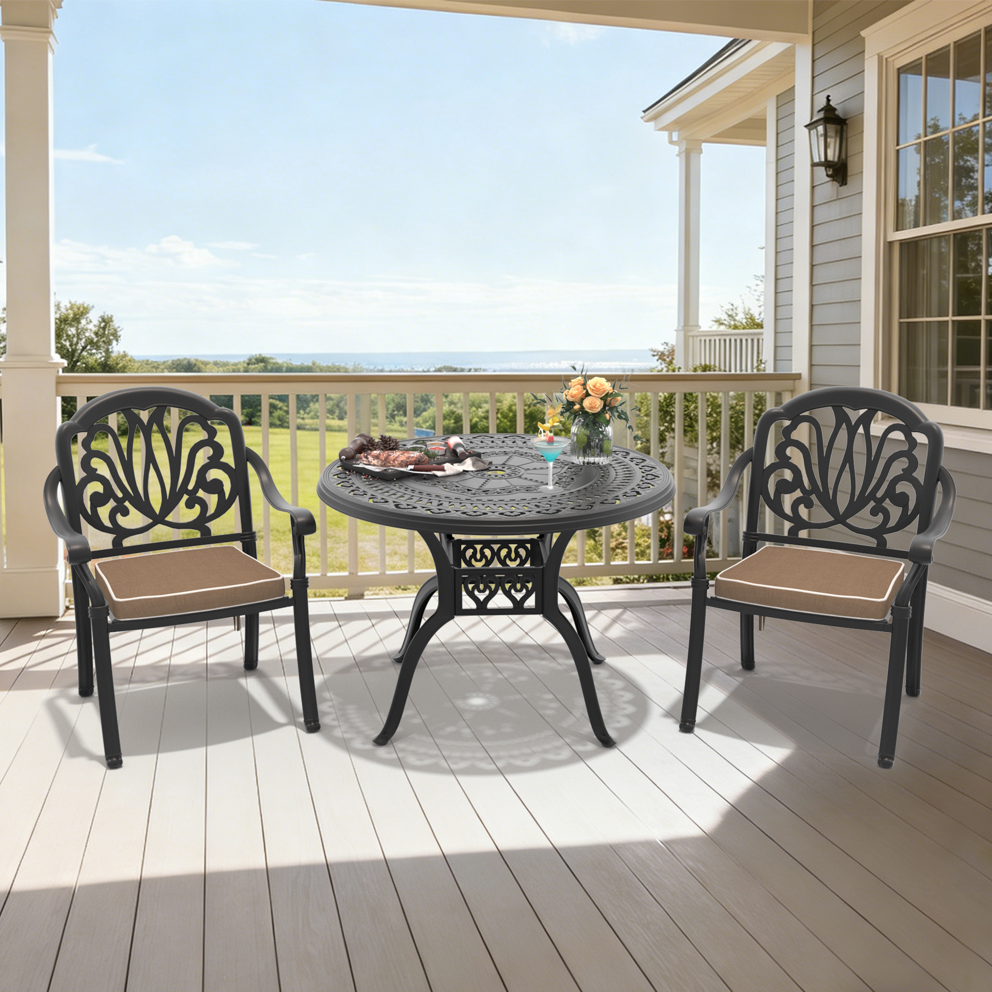 3-Piece Set Of Cast Aluminum Patio Furniture With Brown Cushions(same sku: W1710S00008)
