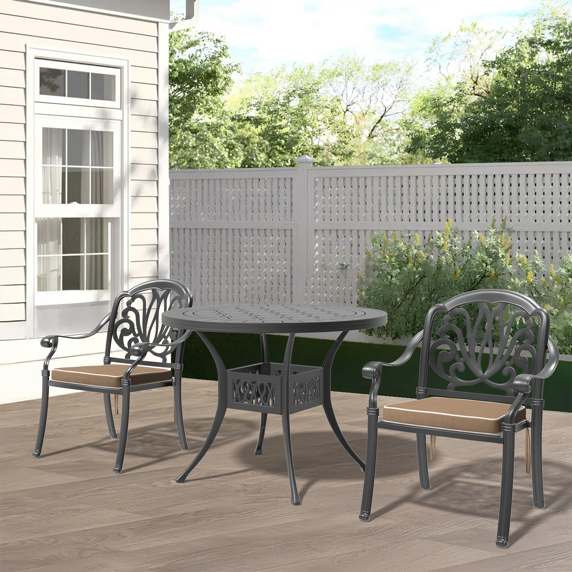 3-Piece Set Of Cast Aluminum Patio Furniture With Brown Cushions(same sku: W1710S00010)