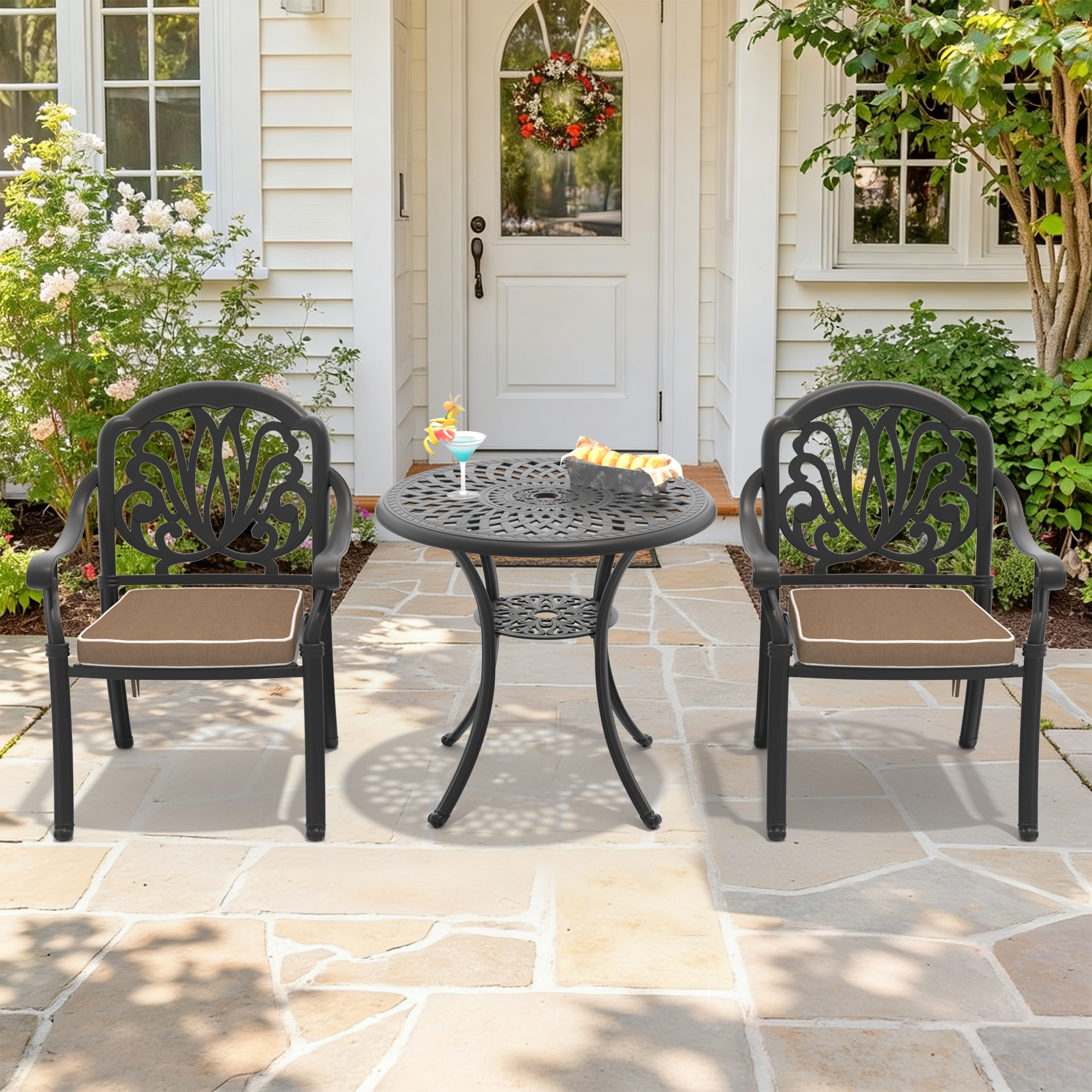 3-Piece Set Of Cast Aluminum Patio Furniture With Brown Cushions(same sku: W1710S00002)