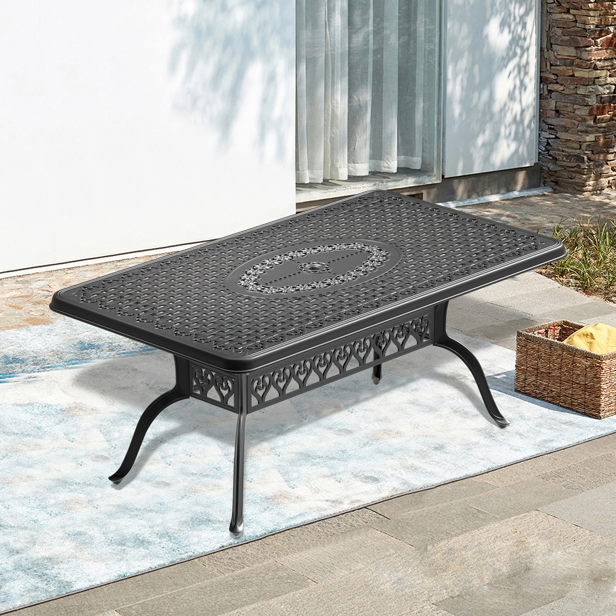 L66.93*W37.4-inch Cast Aluminum Patio Dining Table With Black Frame and Umbrella Hole (same sku: W1710120506)