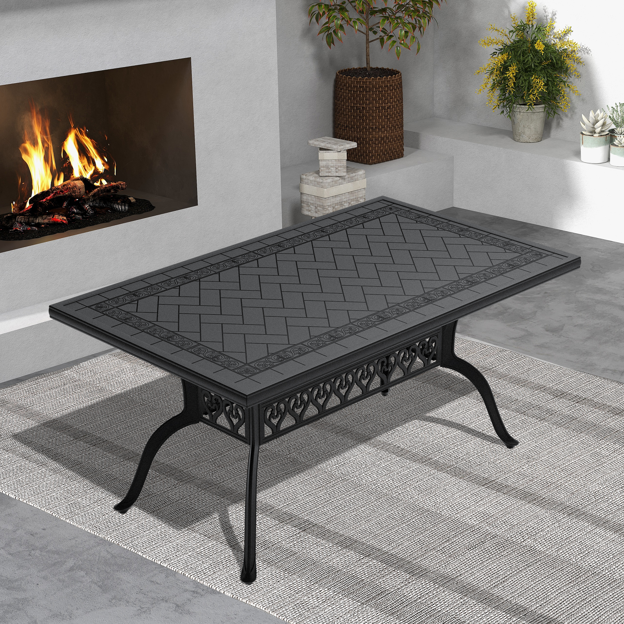 L59.05*W35.43-inch Cast Aluminum Patio Dining Table With Black Frame and Carved Texture on the Tabletop (same sku: W171084480)