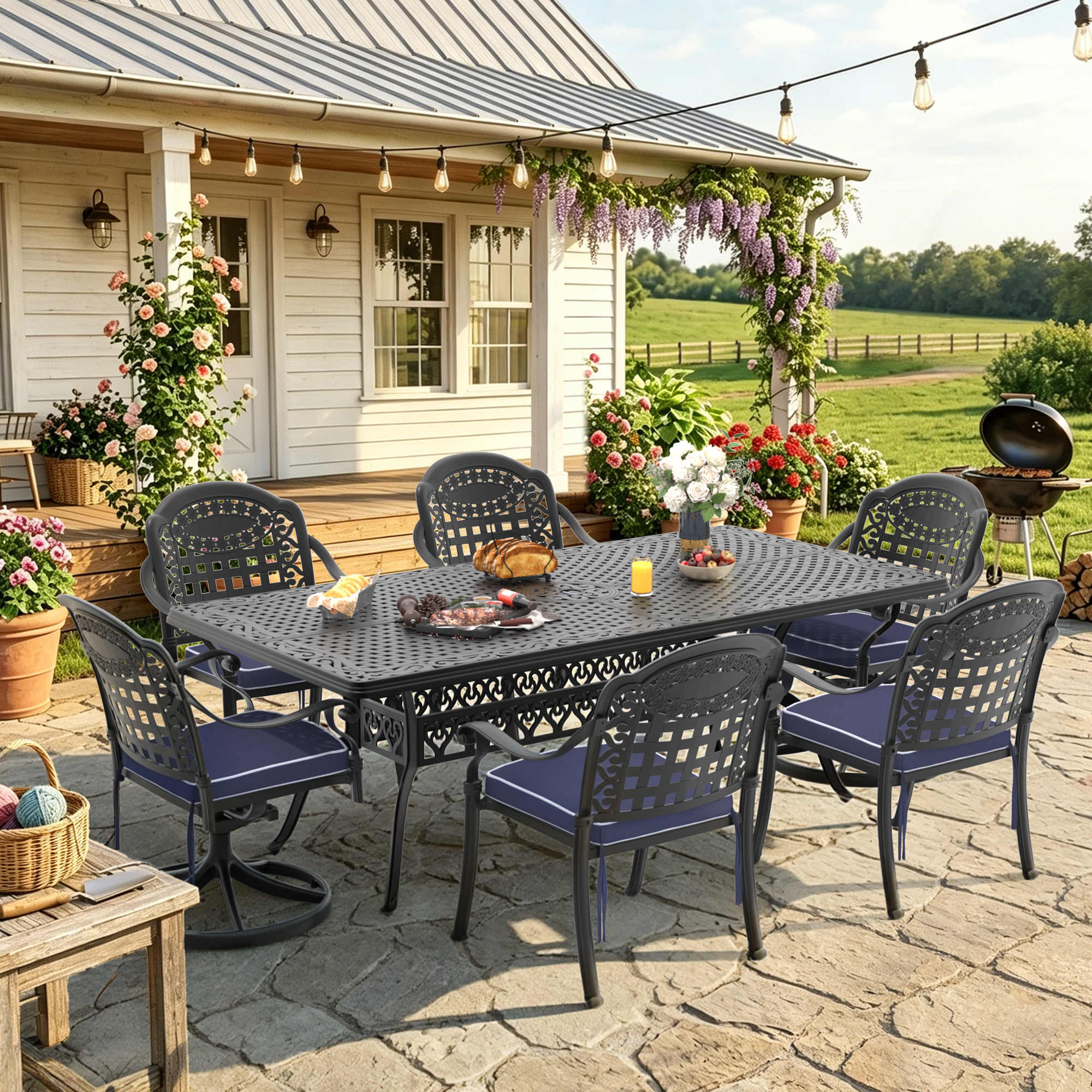 7-Piece All-Weather Cast Aluminum Dining Set, Include 2 Swivel Chairs,6 Dining Chairs and Rectangular Table With Black Frame