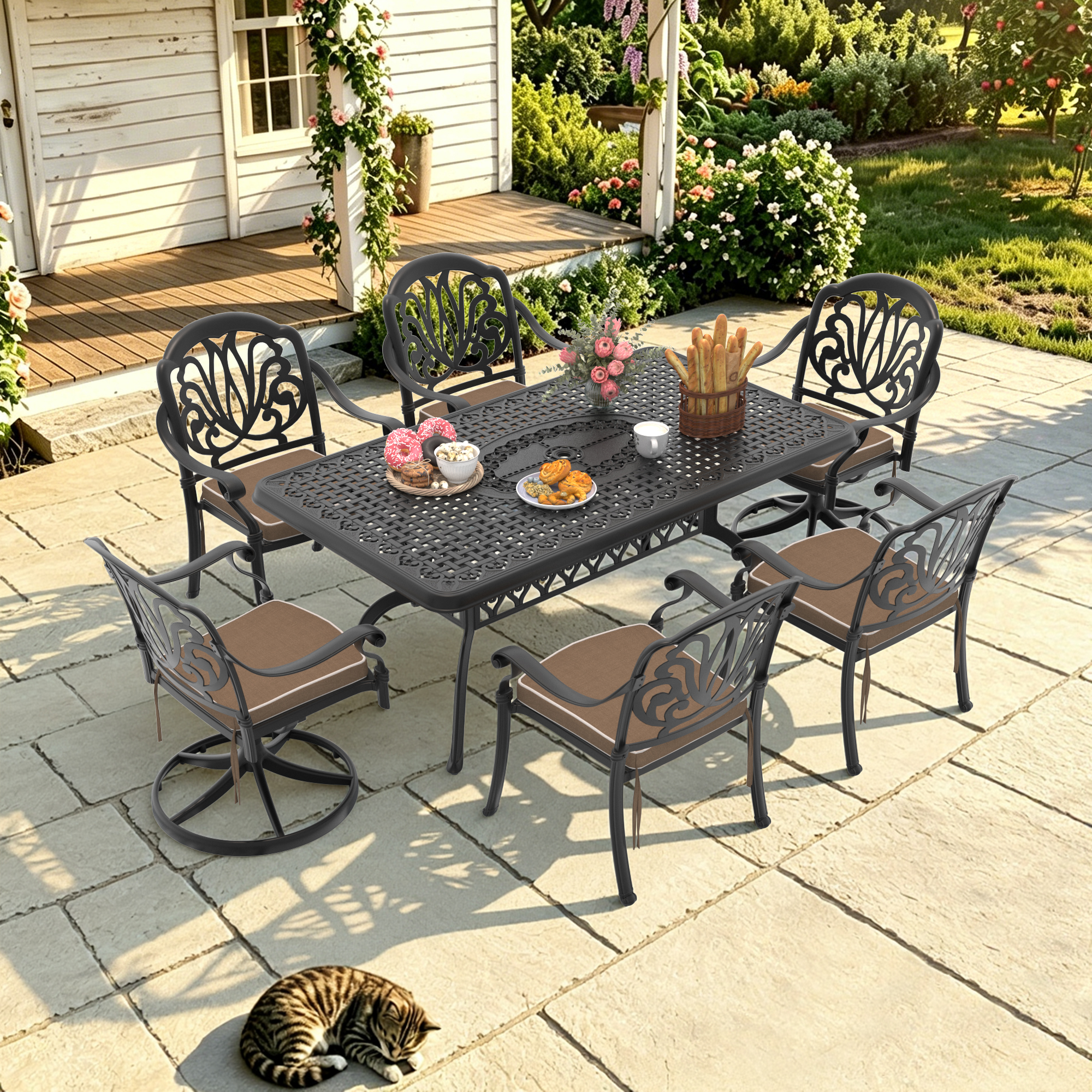 7-Piece All-Weather Cast Aluminum Dining Set, Include 2 Swivel Chairs,4 Dining Chairs and Rectangular Table With Black Frame(same sku:W1710S00369)