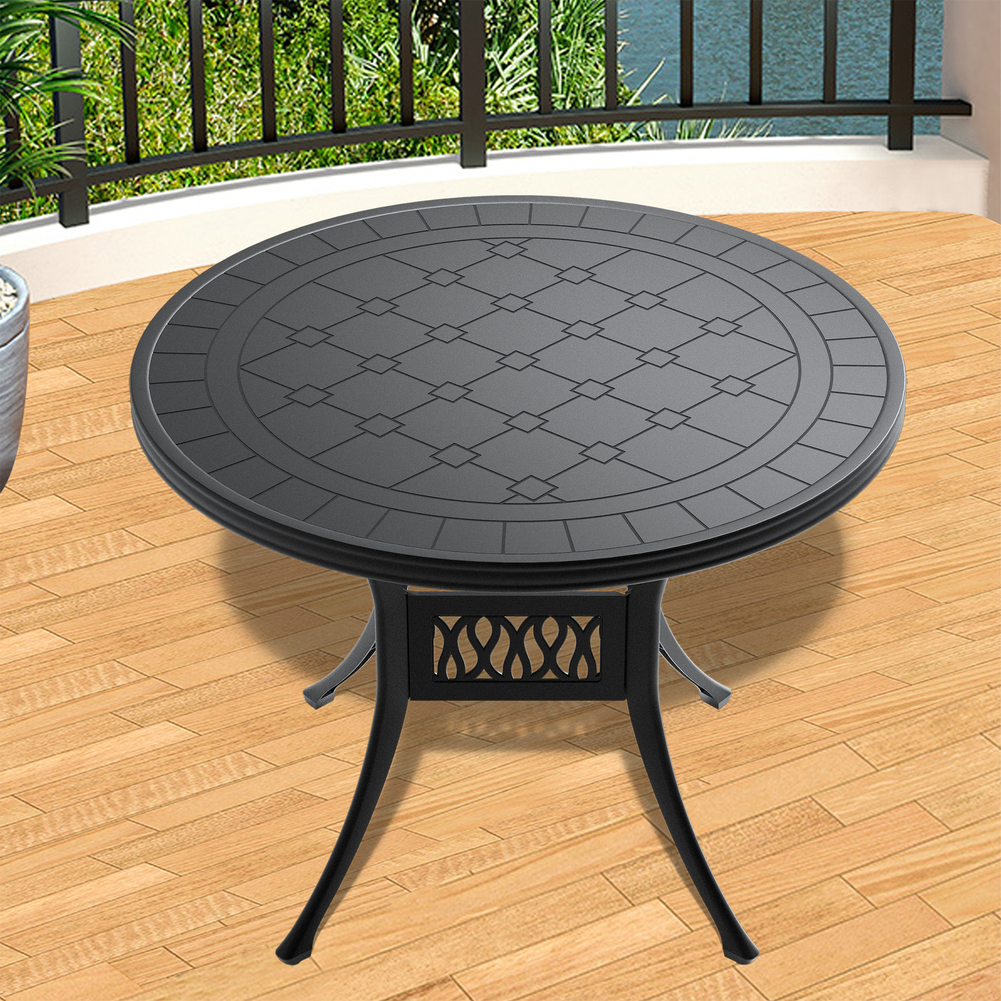 Ø39.37-inch Cast Aluminum Patio Dining Table with Black Frame and Carved Texture on the Tabletop (same sku: W171084478)
