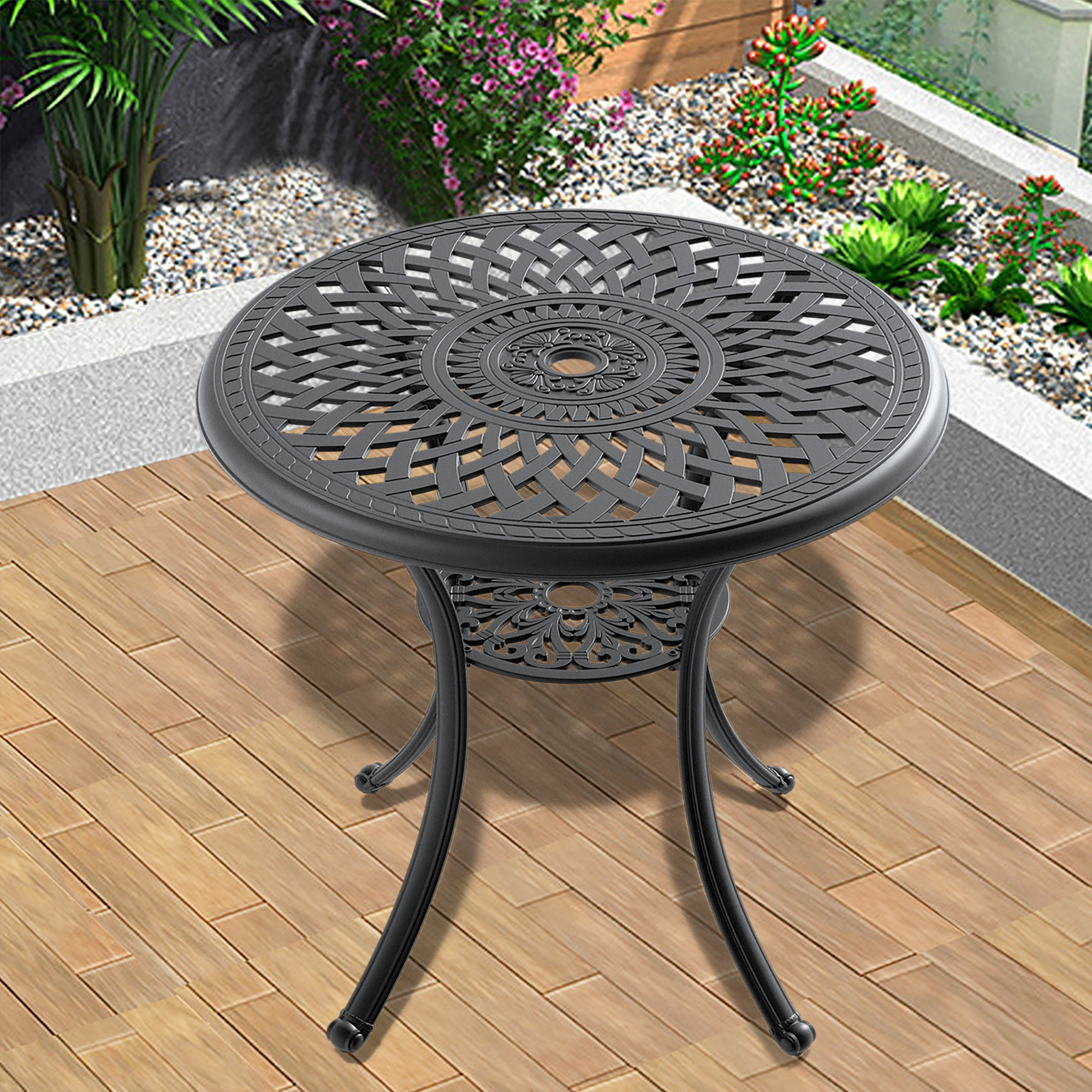 Ø30.71-inch Cast Aluminum Patio Dining Table With Black Frame and Umbrella Hole (same sku: W171084476)