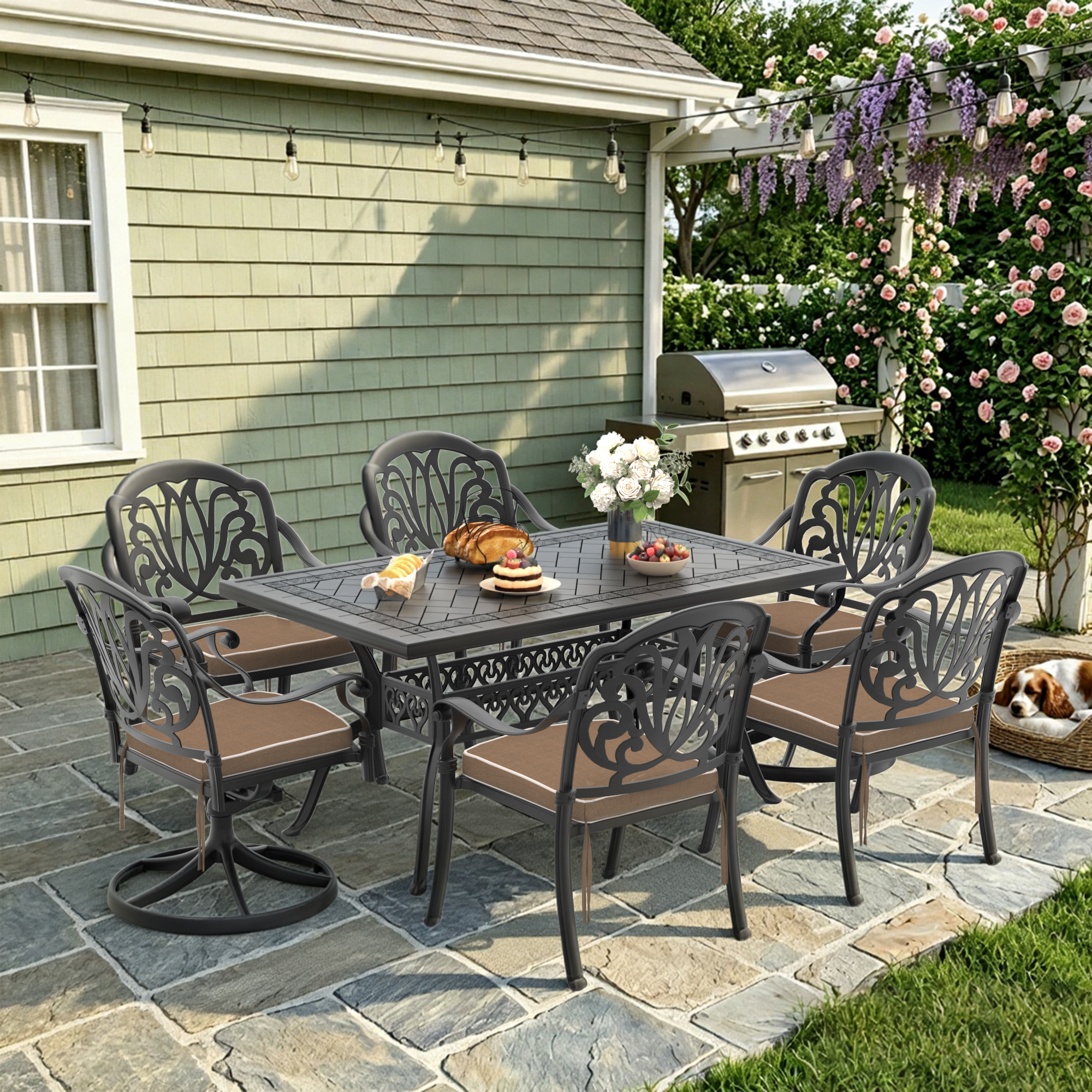 7-Piece All-Weather Cast Aluminum Dining Set, Include 2 Swivel Chairs,4 Dining Chairs and Rectangular Table With Black Frame(same sku:W1710S00370)