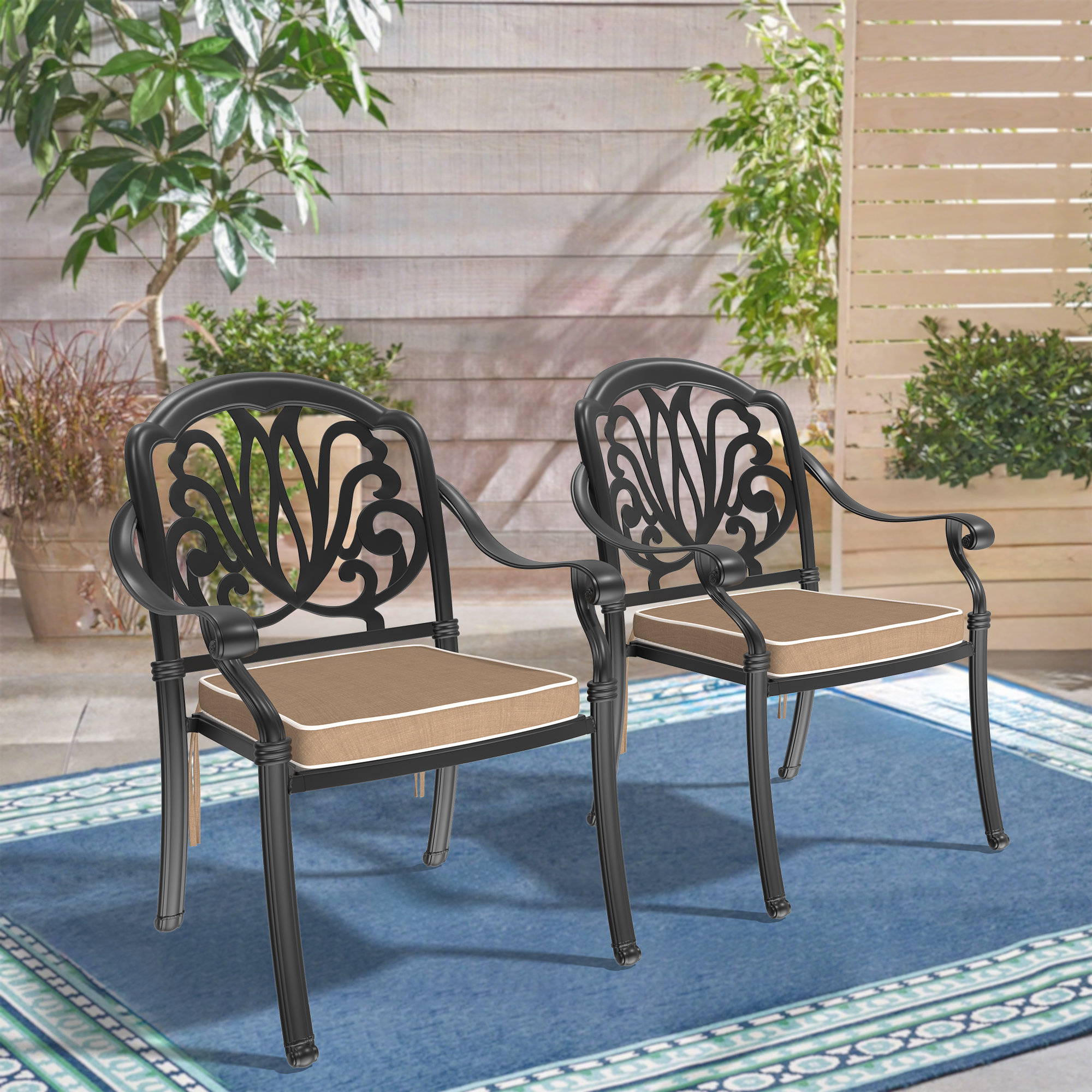 Cast Aluminum Patio Dining Chair 2PCS With Black Frame and Brown Cushions (same sku:W171091743)