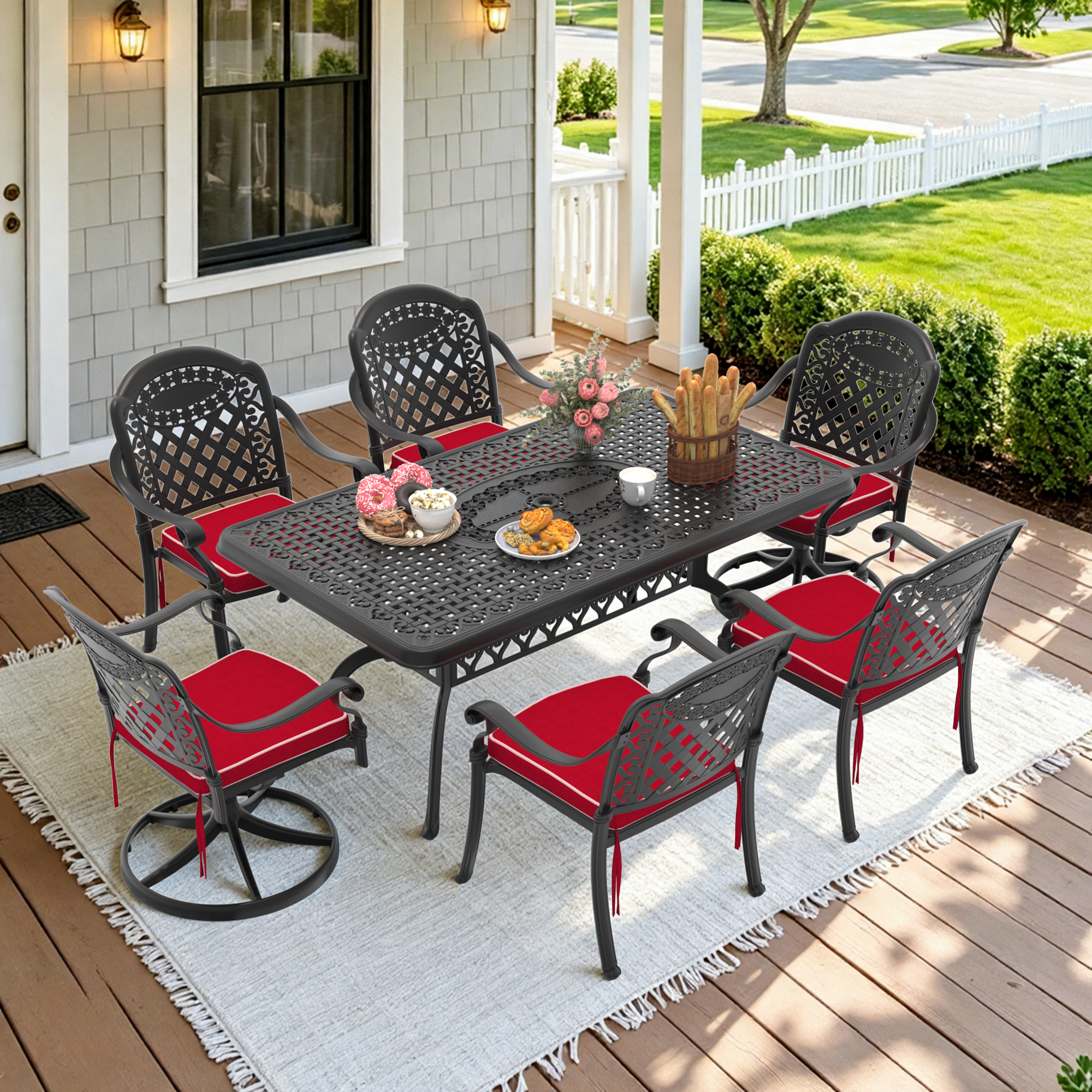 7-Piece All-Weather Cast Aluminum Dining Set, Include 2 Swivel Chairs,4 Dining Chairs and Rectangular Table With Black Frame