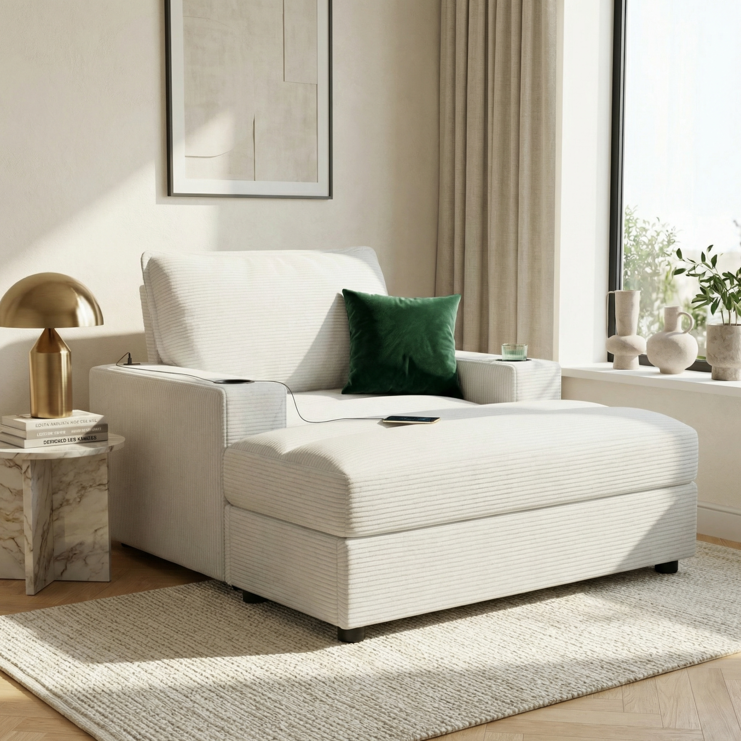 42.8″ Oversized Chaise Lounge Chair with Storage Ottoman, Corduroy Sofa Bed with Cup Holders & USB Charging Port, Upholstered Sleeper Chair, Deep – Seat Reading Couch for Living Room, Bedroom,Beige