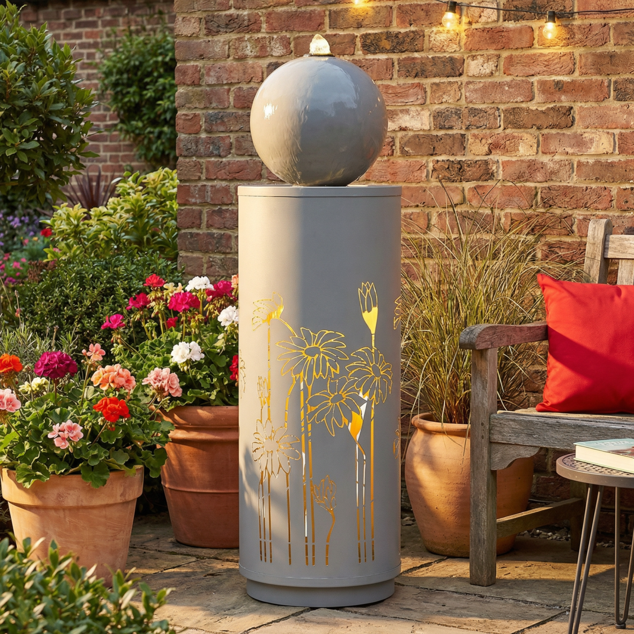34.25″H Light Gray Metal Cutout Outdoor Water Fountain with LED Lights, Modern Freestanding Sphere-Top Water Feature for Patio Garden Backyard Decor