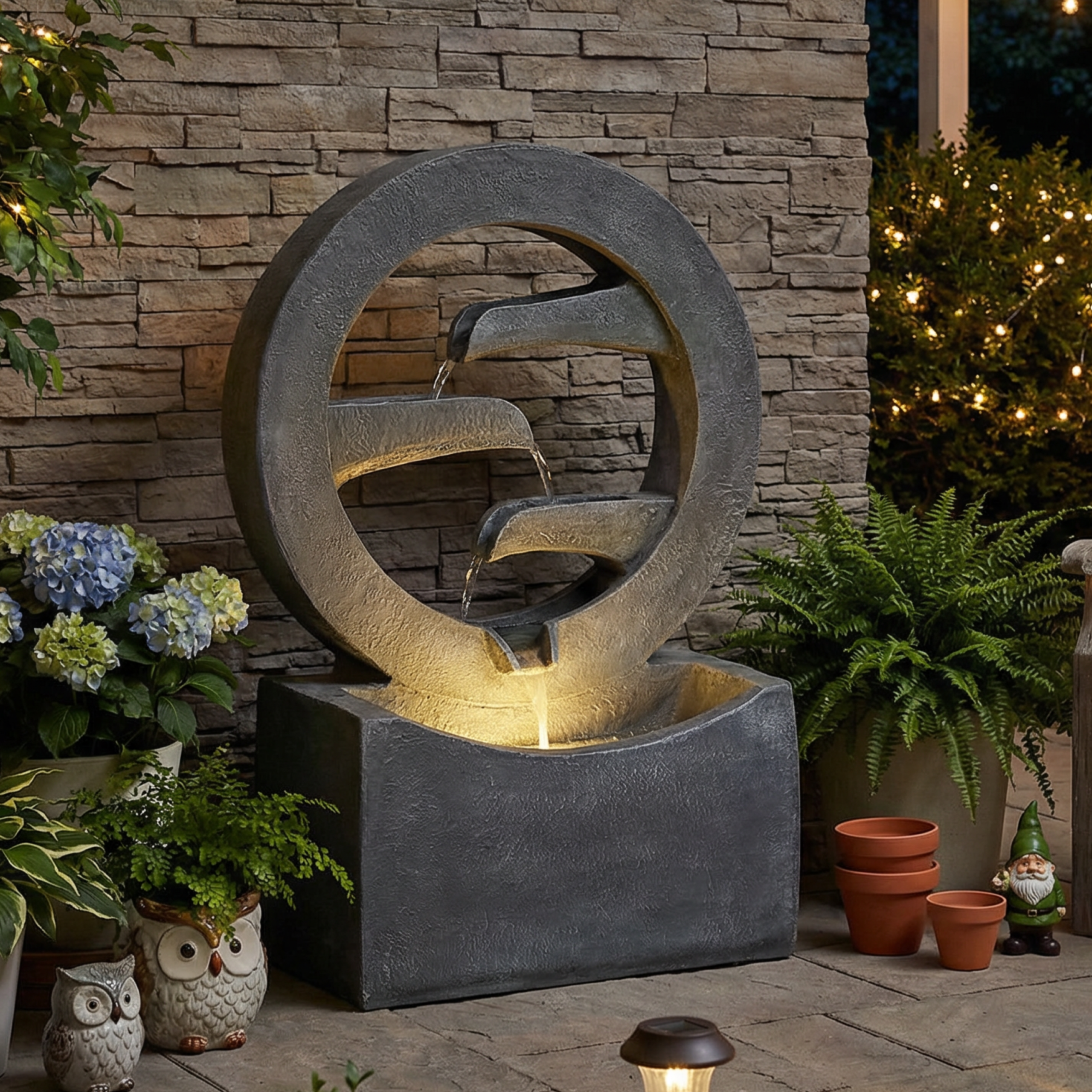 26.77″H Gray Circular Polyresin Outdoor Water Fountain with LED Light, Freestanding Modern Cascading Water Feature for Patio Garden Backyard Decor