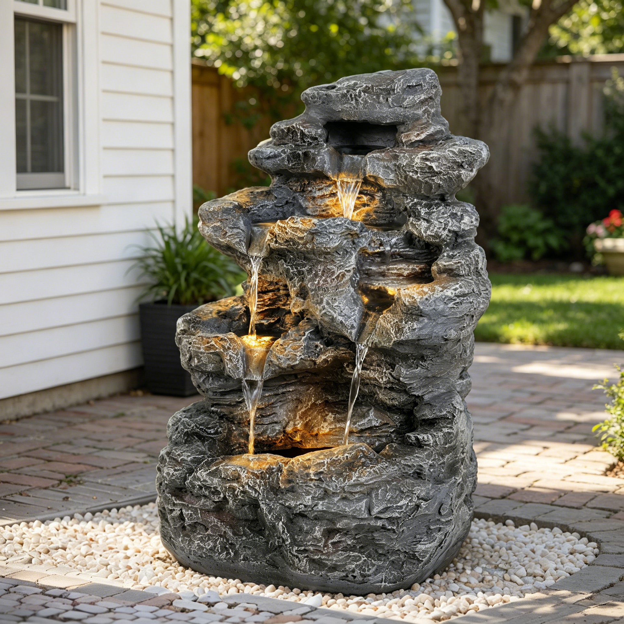 5-Tiered Concrete Tall Slim Fountain, 23.85″H –LED-Lit Column, Space-Saving Modern Outdoor Accent, All-Weather Resistant