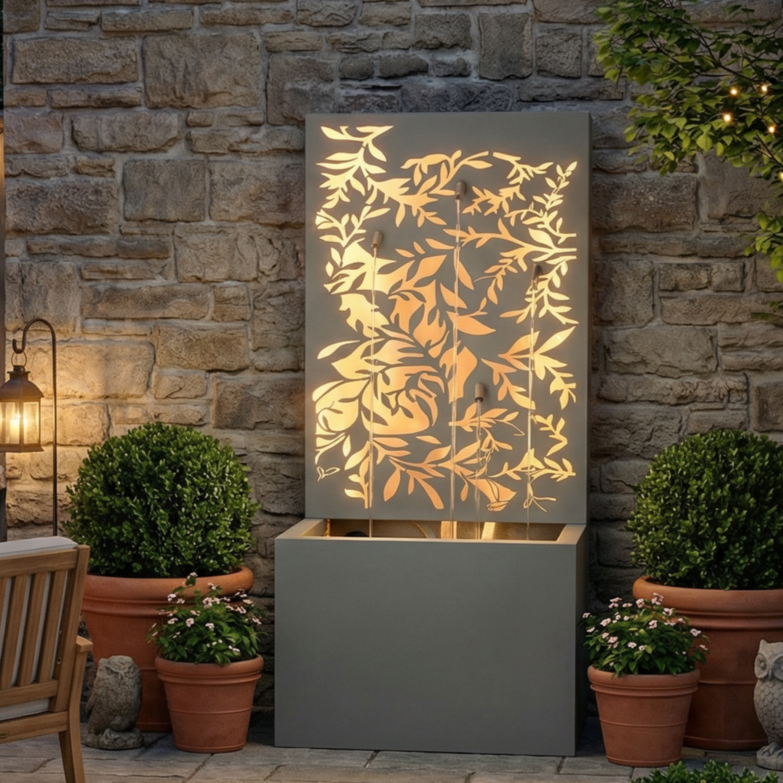 30.71″H Light Gray Metal Leaf Cutout Outdoor Water Wall Fountain with LED Lights, Modern Waterfall Feature for Patio Garden Backyard Decor