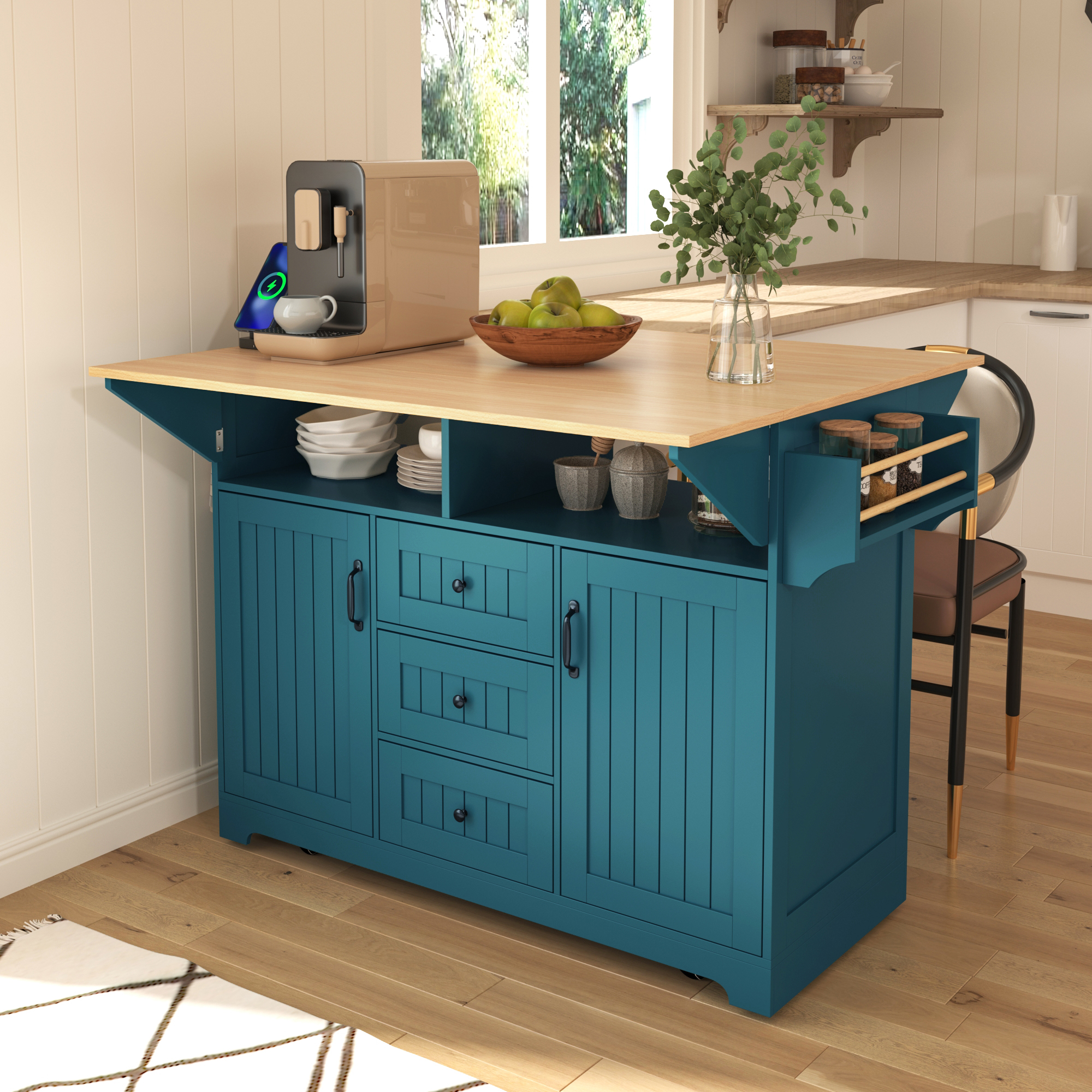 K&K 55.7” Large Kitchen Island with 2 Drop Leaf,, Rolling Kitchen Cart on 5 Wheels with Power Outlet, Folding Storage Dining Table with Spice & Towel Rack , 3 Drawers, for Kitchen, Dining Room,Green