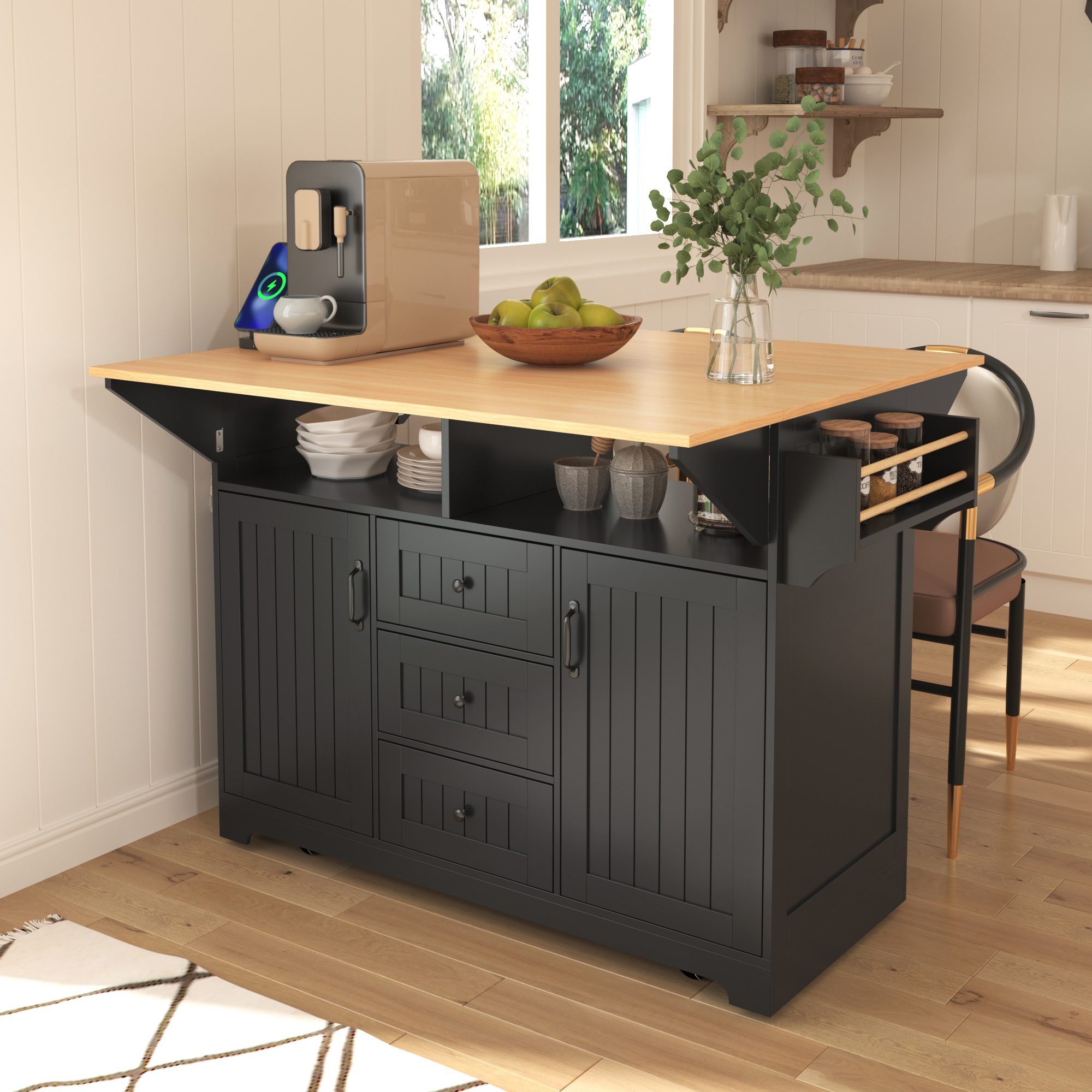 K&K 55.7” Large Kitchen Island with 2 Drop Leaf,, Rolling Kitchen Cart on 5 Wheels with Power Outlet, Folding Storage Dining Table with Spice & Towel Rack , 3 Drawers, for Kitchen, Dining Room,Black