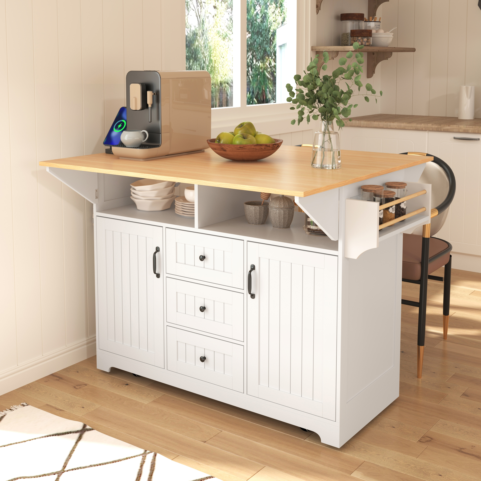 K&K 55.7” Large Kitchen Island with 2 Drop Leaf,, Rolling Kitchen Cart on 5 Wheels with Power Outlet, Folding Storage Dining Table with Spice & Towel Rack , 3 Drawers, for Kitchen, Dining Room,White