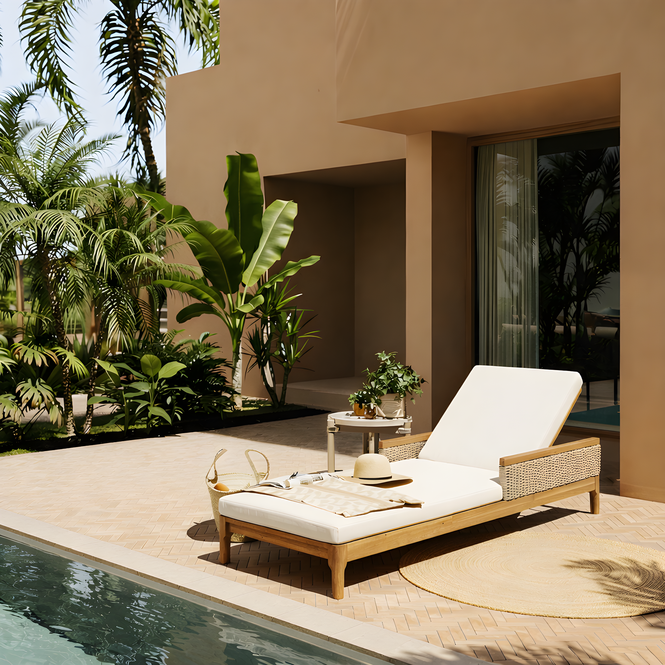 Solid Acacia Wood Sun Chaise Lounger with Beige Cushions and Light Grey Wicker, 76.8″ Outdoor Patio Furniture for Garden, Deck, Poolside Relaxation,Natural +Beige Cushion