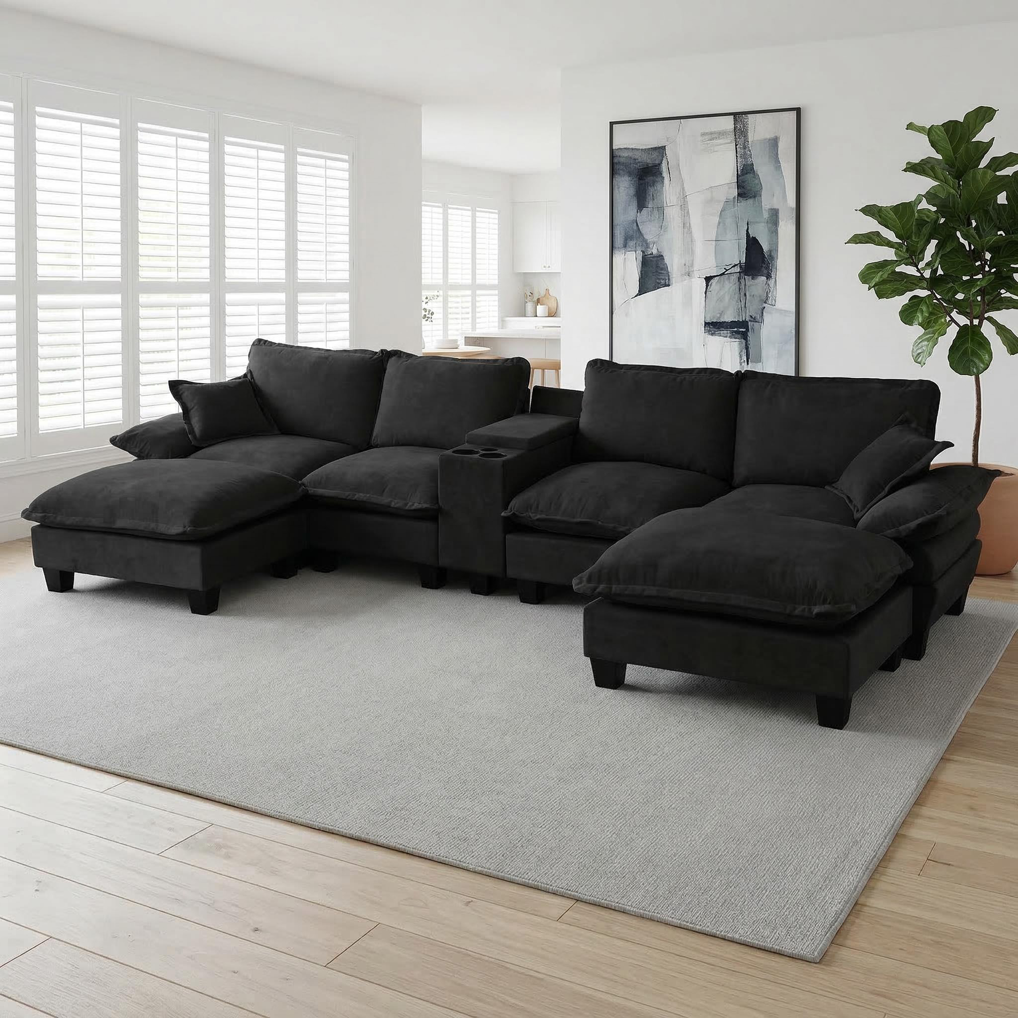 Modular Cloud Couch, U-Shape Sailboat Sofa with Cup Holders & Storage, USB Port, 2 Ottomans & 2 Pillows, Chenille for Apartment & Living Room, Black