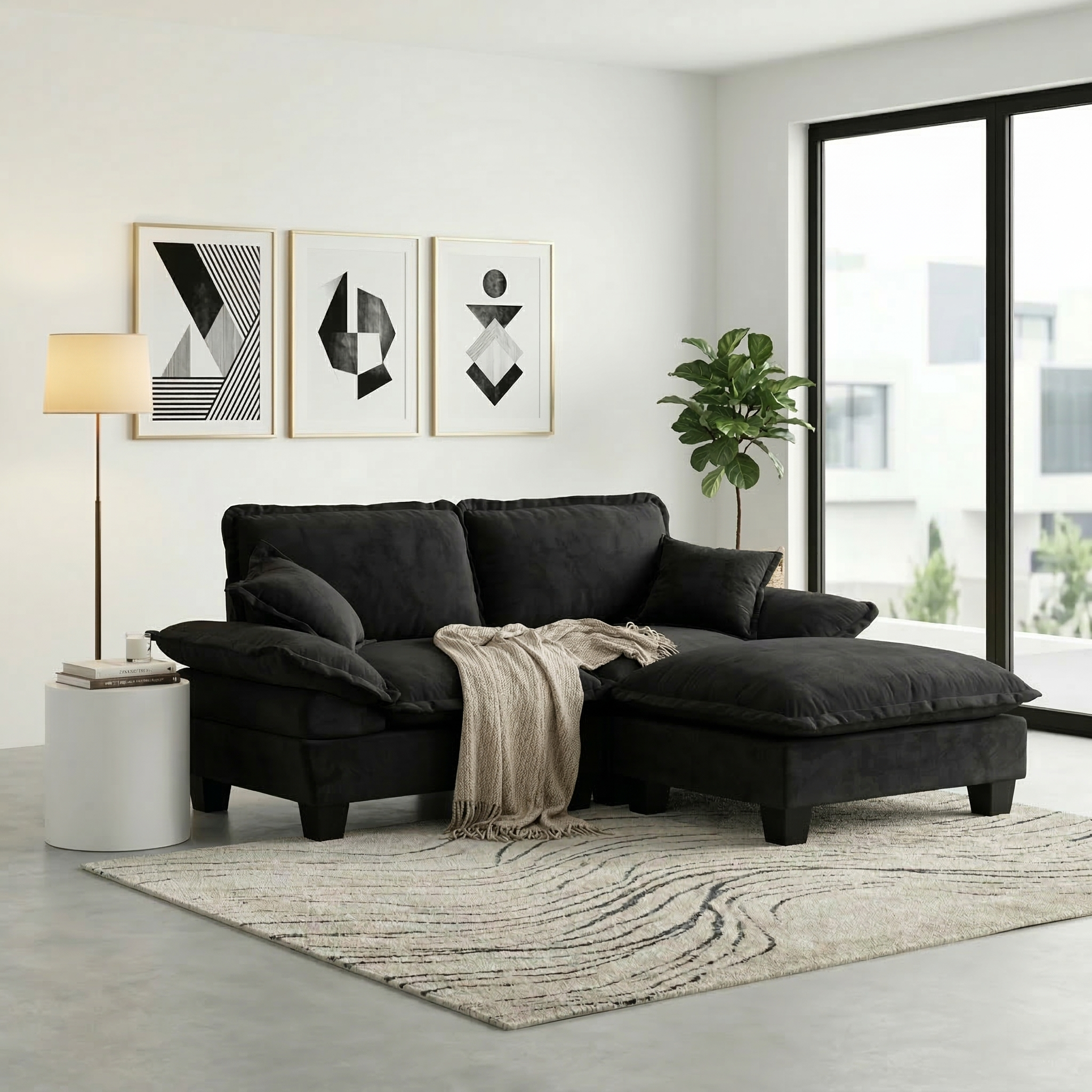 Modular Sectional Sofa, Cloud Couch with Sailboat Design, 1 Movable Ottomans & 2 Soft Pillows Included, Comfy Chenille for Apartment Living Room, Black