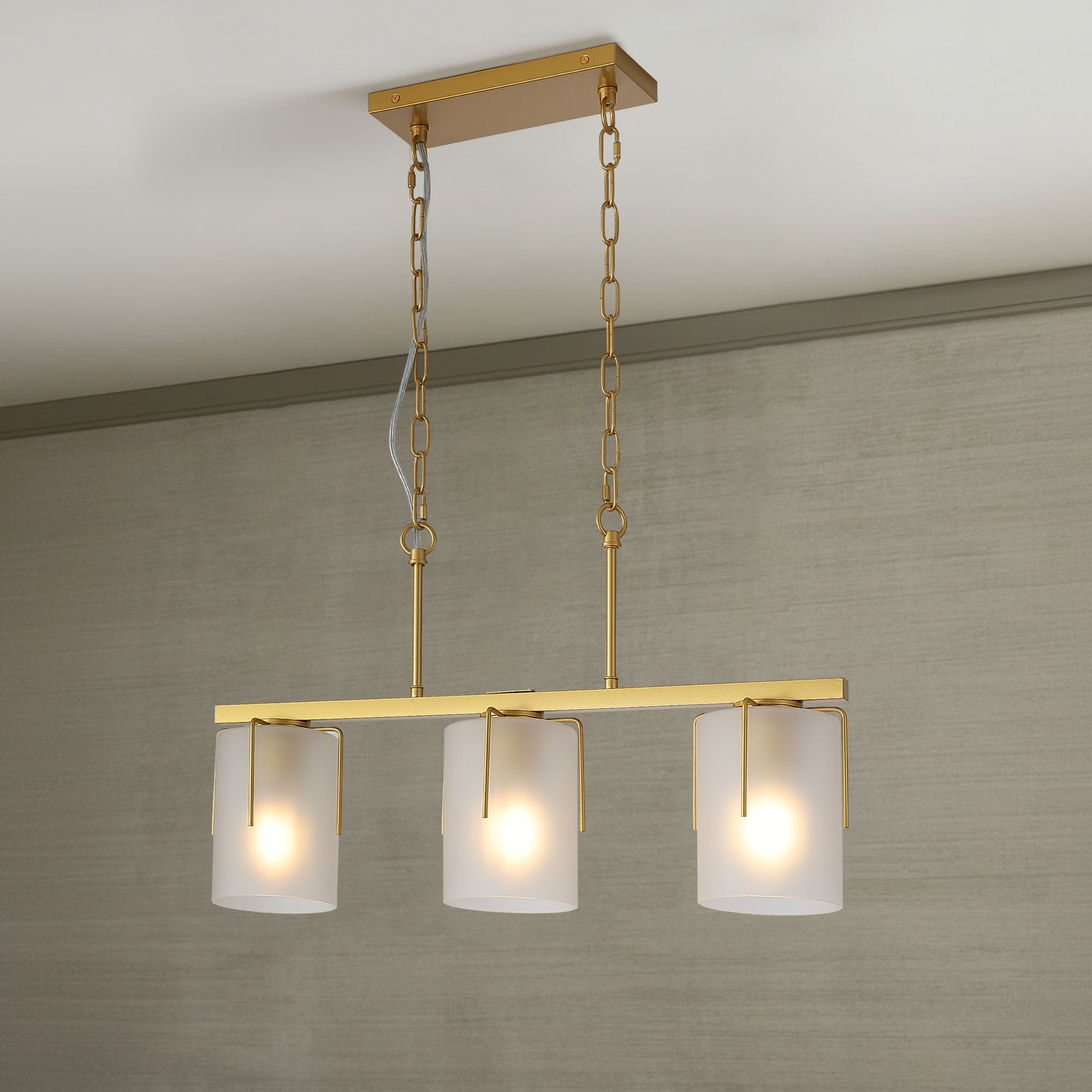 Modern Gold 3-Light Linear Chandelier, E26 Base, Adjustable Height Pendant Light with Milky White Frosted Glass Shades, Industrial Kitchen Island Lighting for Dining Room, Hallway, Entryway (Bulbs Not