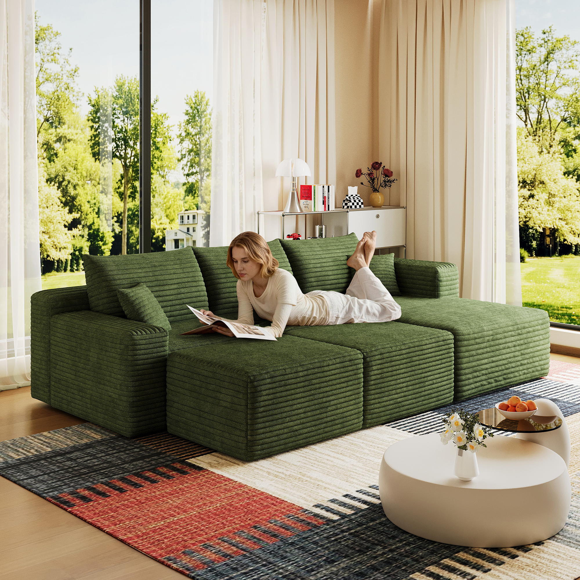 95″ Cloud Sectional Sofa with 2 Ottoman,Modern Minimalist Upholstered Couches, Comfort U Shaped Sofa for Living Room,Deep Seat Corner Couch,No Assembly Required,Green(Plush Corduroy Fabric)