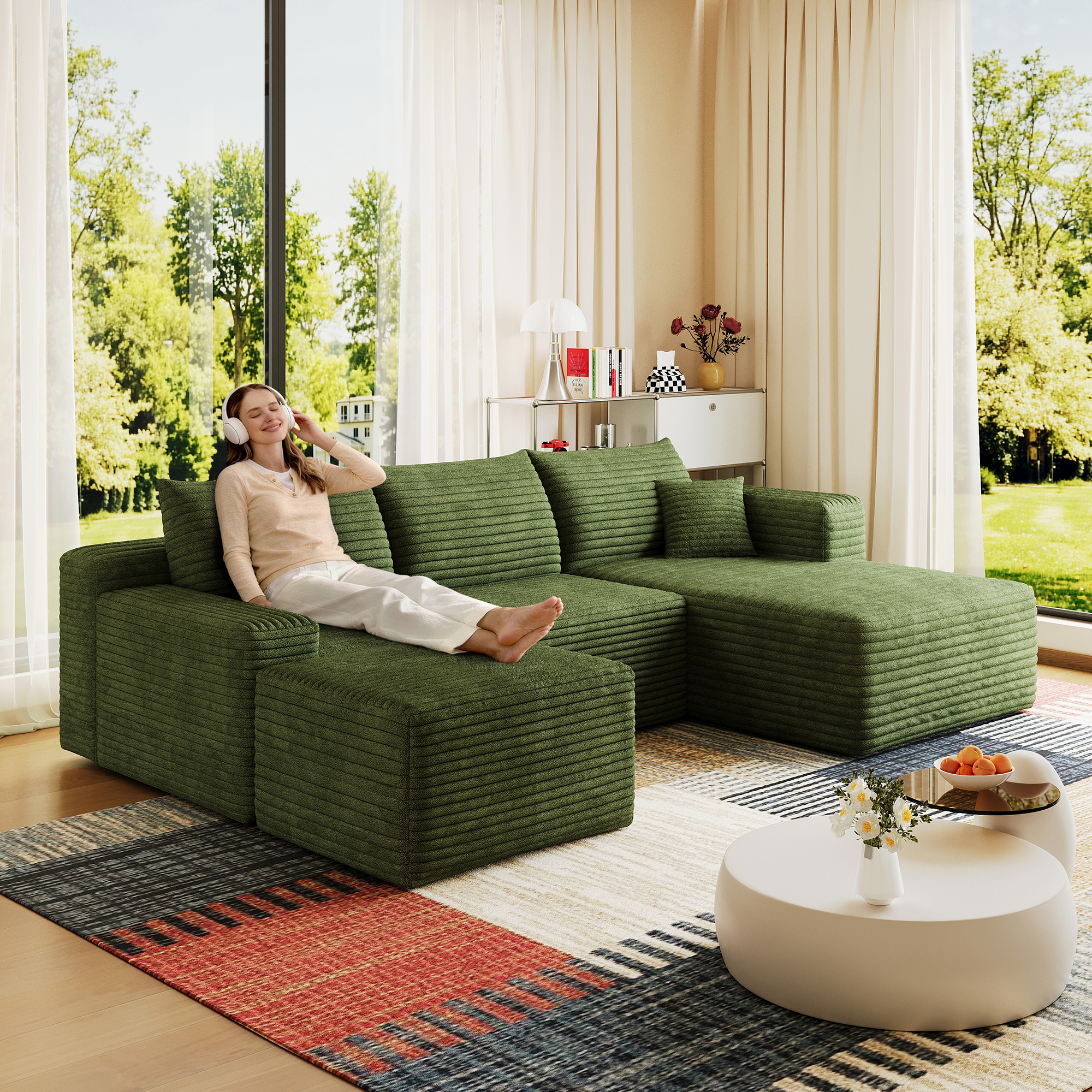95″ Cloud Sectional Sofa with 1 Ottoman,Modern Minimalist Upholstered Couches, Comfort U Shaped Sofa for Living Room,Deep Seat Corner Couch,No Assembly Required,Green((Plush Corduroy Fabric)