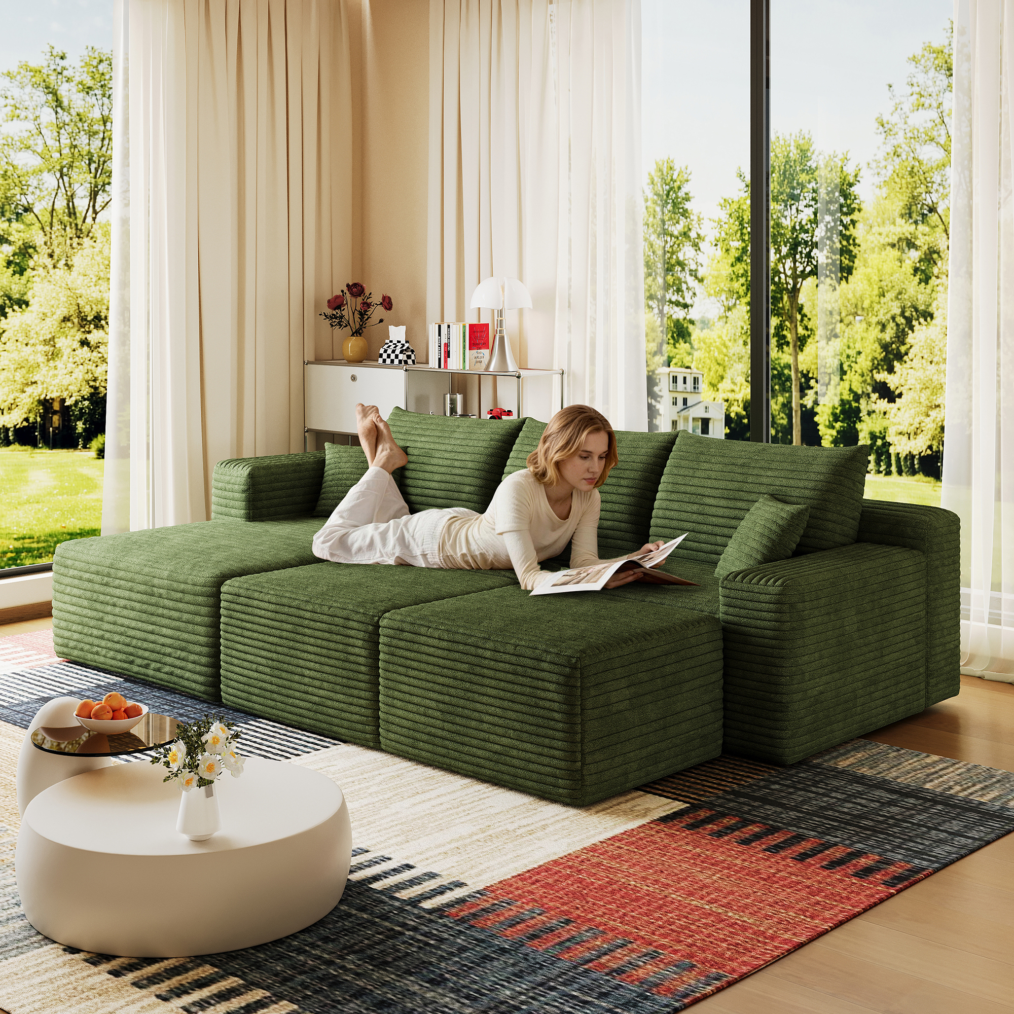 95″ Cloud Sectional Sofa with 2 Ottoman,Modern Minimalist Upholstered Couches, Comfort U Shaped Sofa for Living Room,Deep Seat Corner Couch,No Assembly Required,Green(Plush Corduroy Fabric)