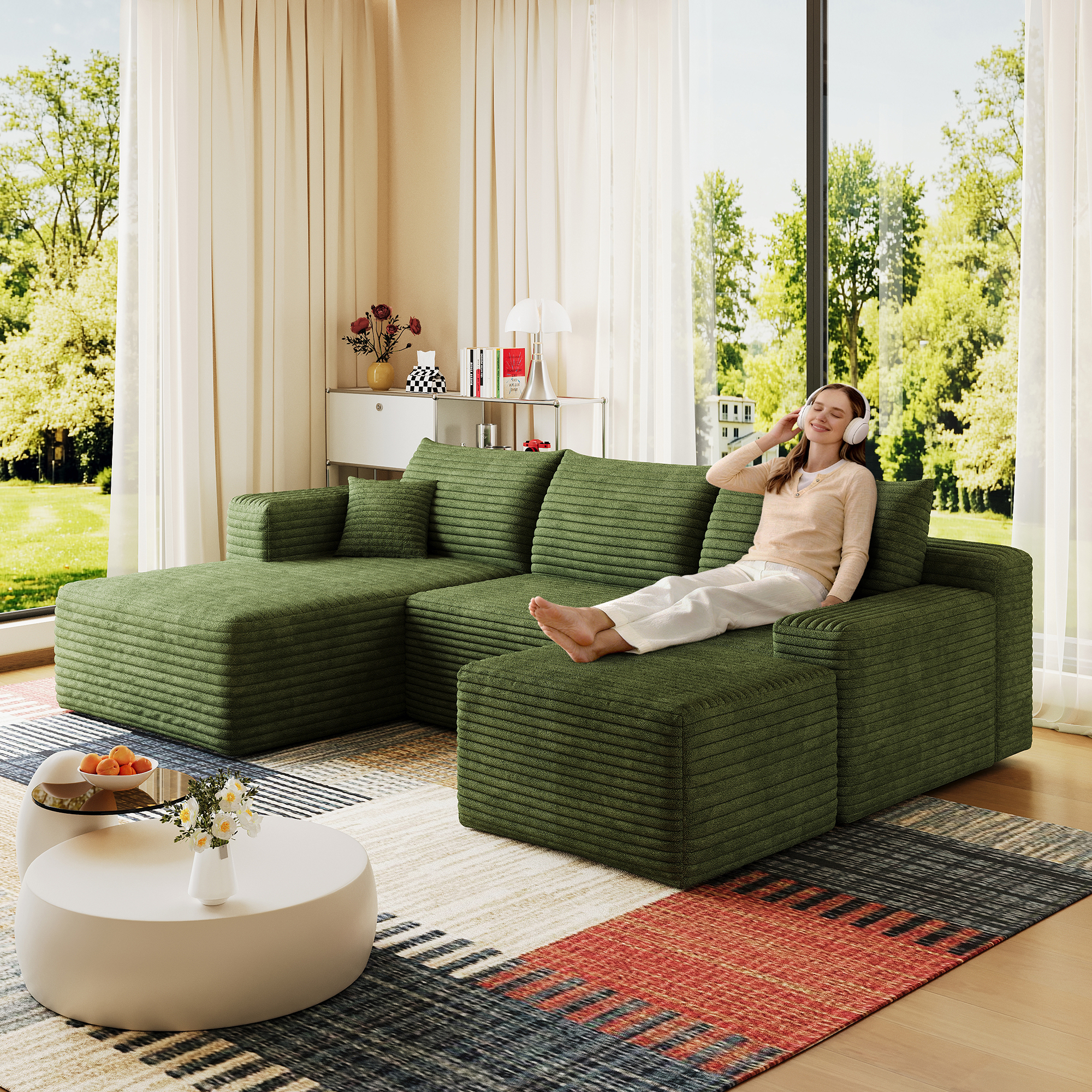 95″ Cloud Sectional Sofa with 1 Ottoman,Modern Minimalist Upholstered Couches, Comfort U Shaped Sofa for Living Room,Deep Seat Corner Couch,No Assembly Required,Green((Plush Corduroy Fabric)