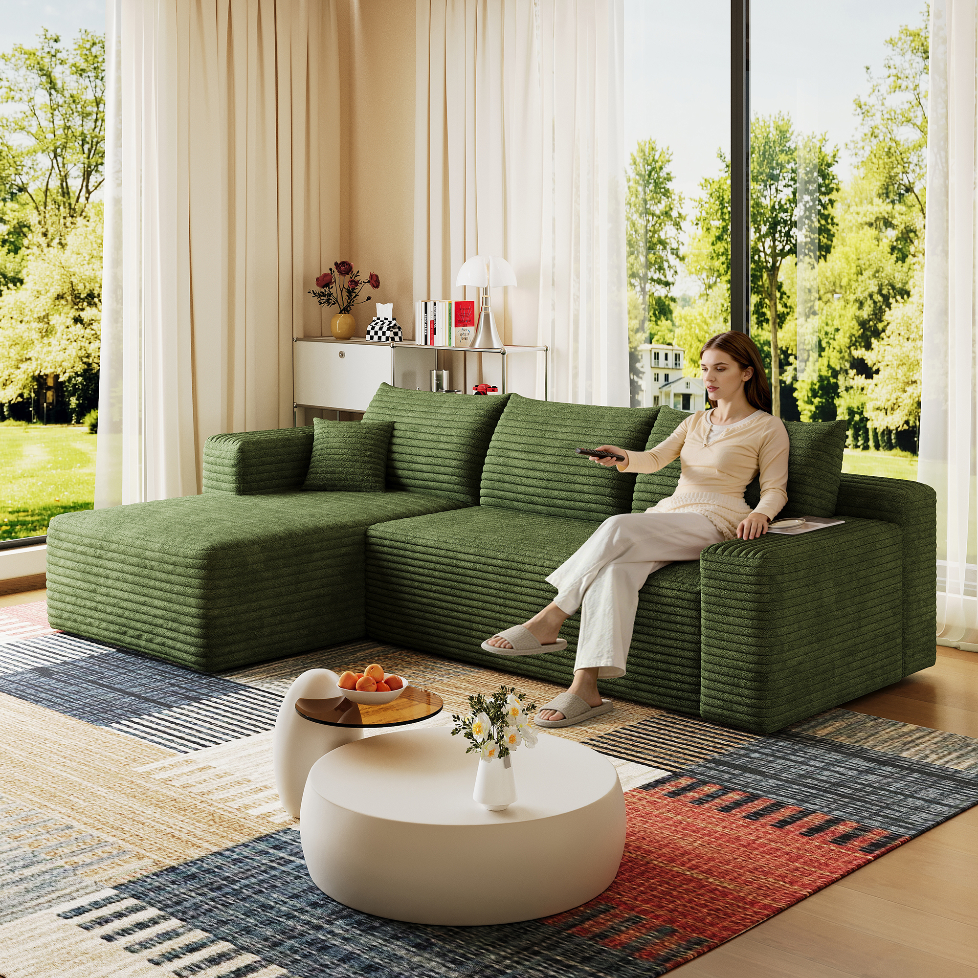 95″ Cloud Sectional Sofa,Modern Minimalist Upholstered Couches, Comfort U Shaped Sofa for Living Room,Deep Seat Corner Couch,No Assembly Required,Green( (Plush Corduroy Fabric)