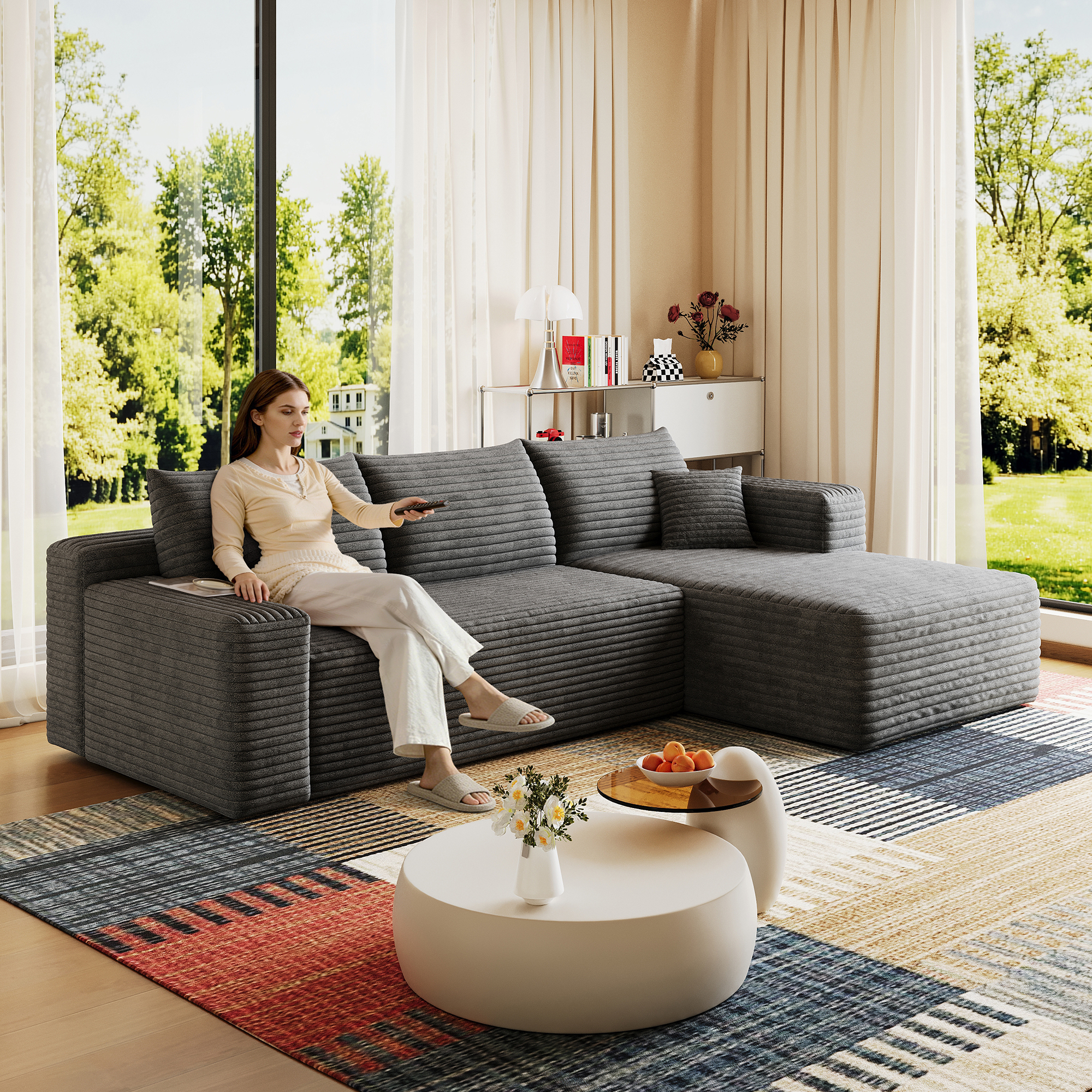 95″ Cloud Sectional Sofa,Modern Minimalist Upholstered Couches, Comfort U Shaped Sofa for Living Room,Deep Seat Corner Couch,No Assembly Required,Dark Grey( (Plush Corduroy Fabric)