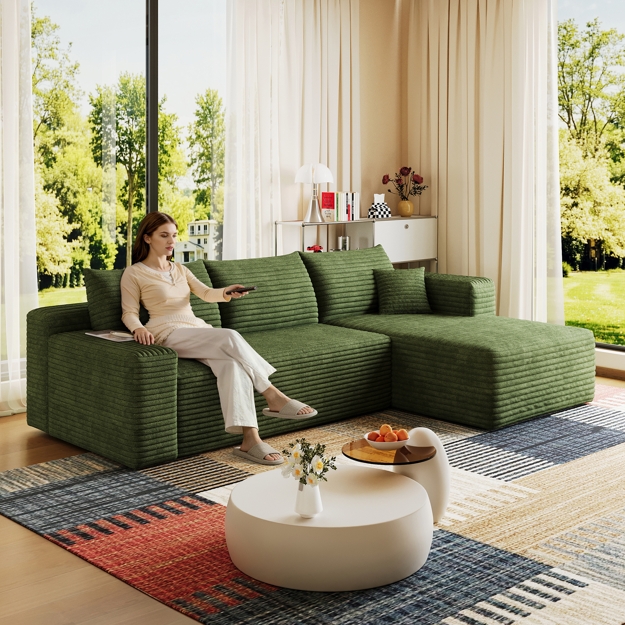 95″ Cloud Sectional Sofa,Modern Minimalist Upholstered Couches, Comfort U Shaped Sofa for Living Room,Deep Seat Corner Couch,No Assembly Required,Green( (Plush Corduroy Fabric)