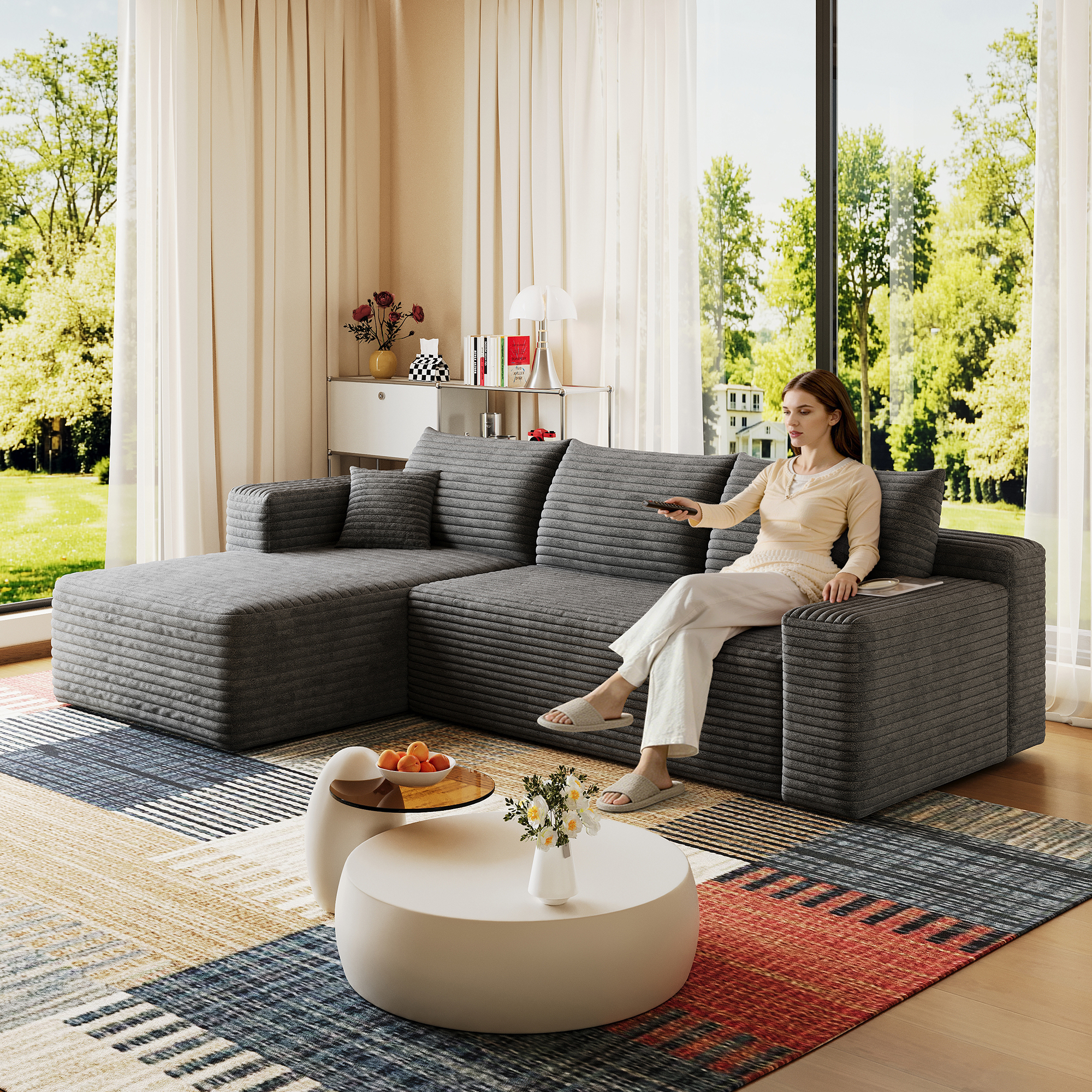 95″ Cloud Sectional Sofa,Modern Minimalist Upholstered Couches, Comfort U Shaped Sofa for Living Room,Deep Seat Corner Couch,No Assembly Required,Dark Grey( (Plush Corduroy Fabric)
