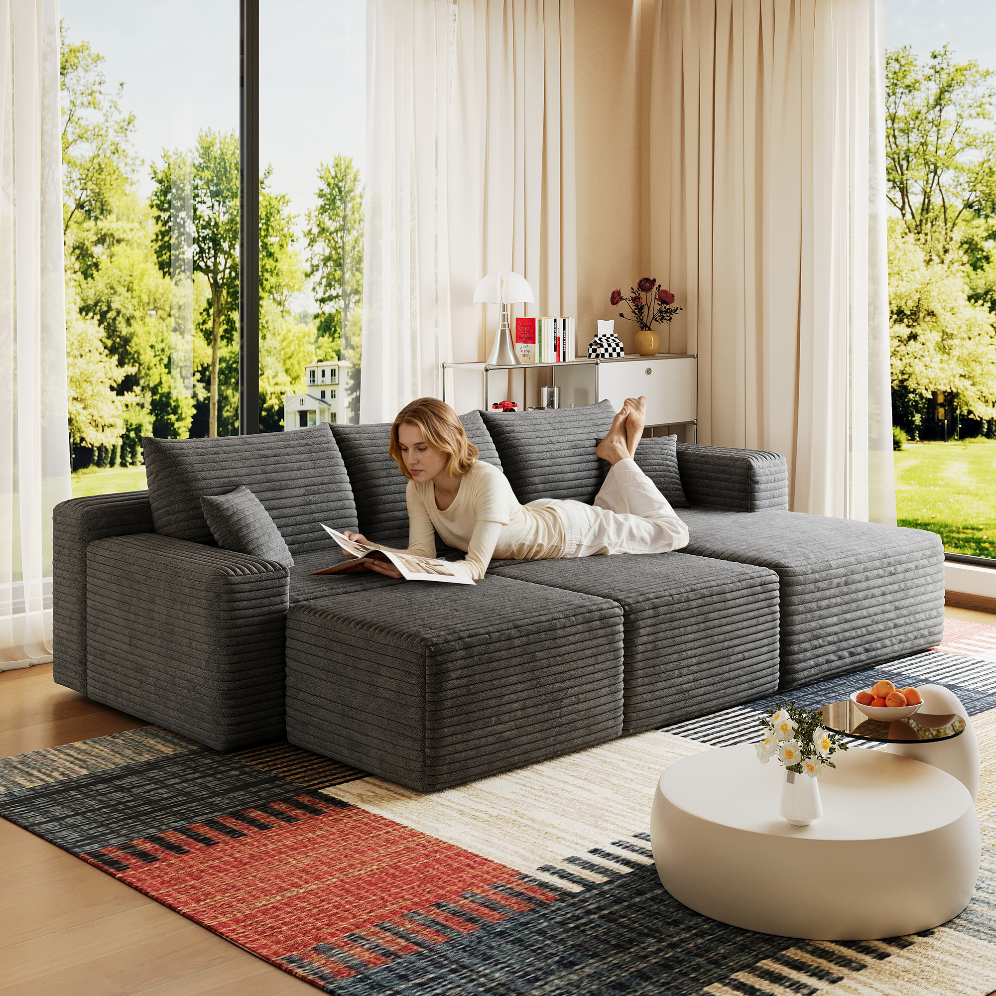 95″ Cloud Sectional Sofa with 2 Ottoman,Modern Minimalist Upholstered Couches, Comfort U Shaped Sofa for Living Room,Deep Seat Corner Couch,No Assembly Required,Dark Grey(Plush Corduroy Fabric)