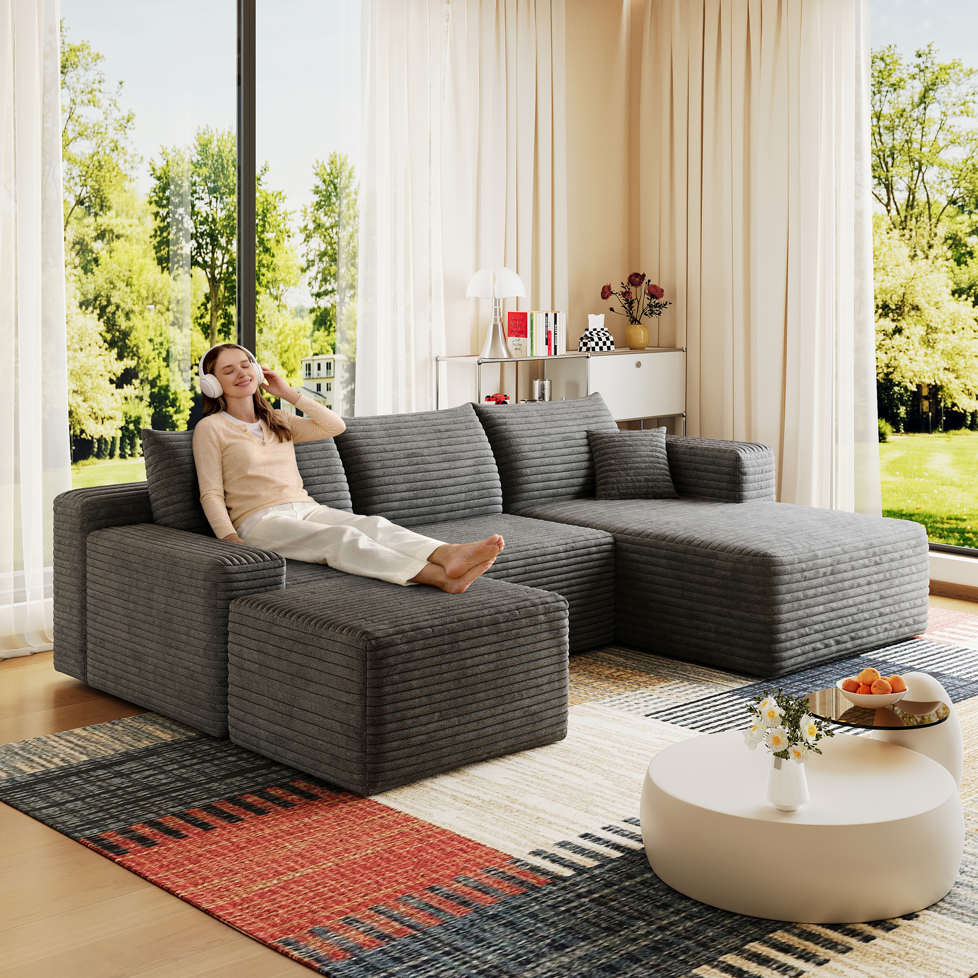 95″ Cloud Sectional Sofa with 1 Ottoman,Modern Minimalist Upholstered Couches, Comfort U Shaped Sofa for Living Room,Deep Seat Corner Couch,No Assembly Required,Dark Grey((Plush Corduroy Fabric)