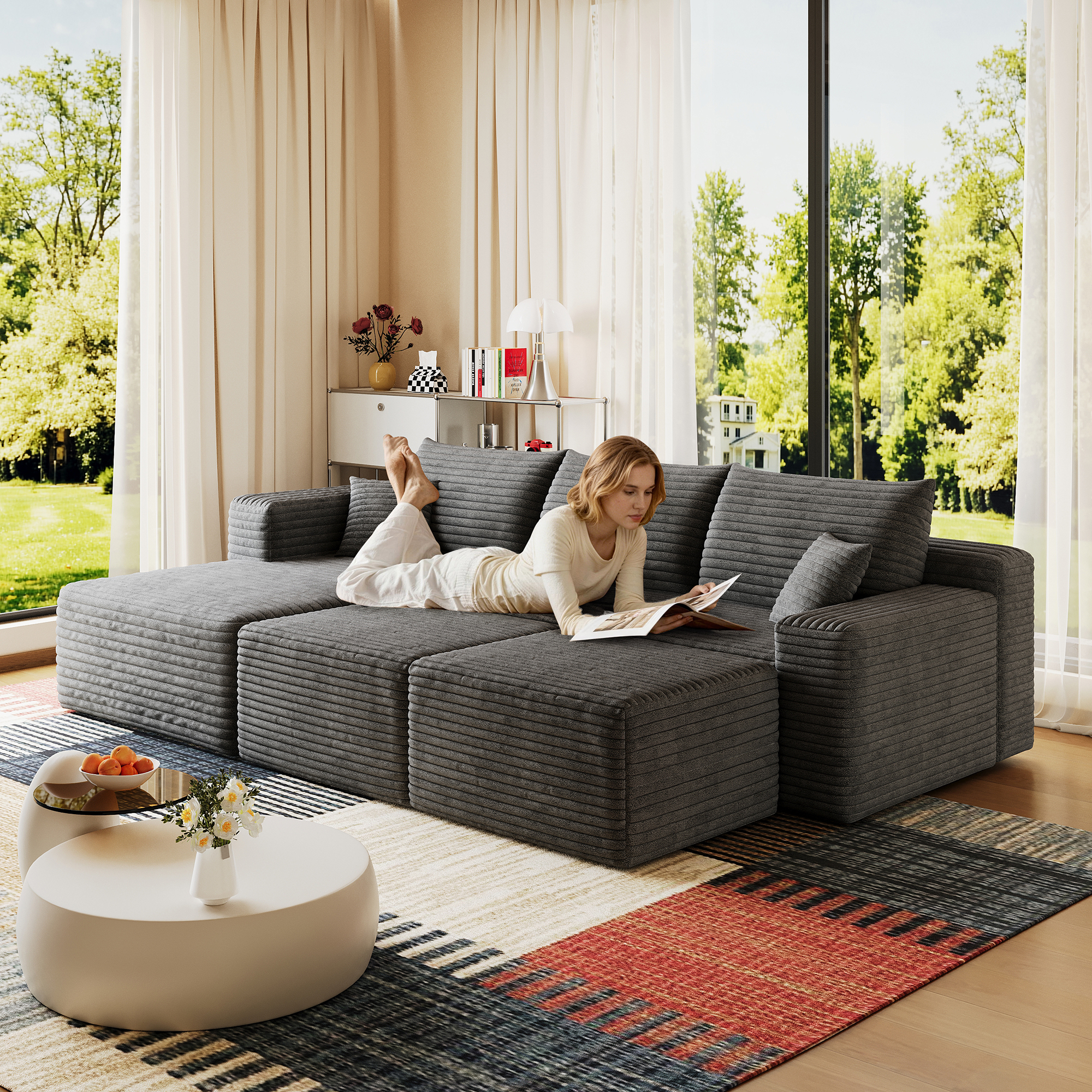 95″ Cloud Sectional Sofa with 2 Ottoman,Modern Minimalist Upholstered Couches, Comfort U Shaped Sofa for Living Room,Deep Seat Corner Couch,No Assembly Required,Dark Grey(Plush Corduroy Fabric)