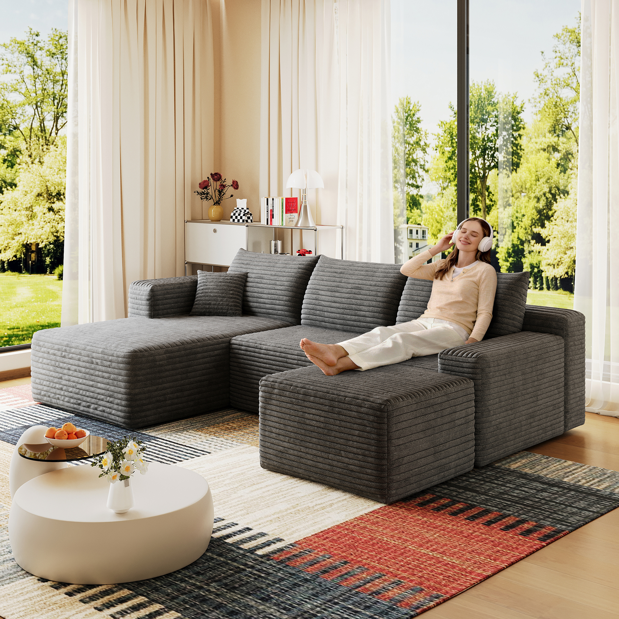 95″ Cloud Sectional Sofa with 1 Ottoman,Modern Minimalist Upholstered Couches, Comfort U Shaped Sofa for Living Room,Deep Seat Corner Couch,No Assembly Required,Dark Grey((Plush Corduroy Fabric)