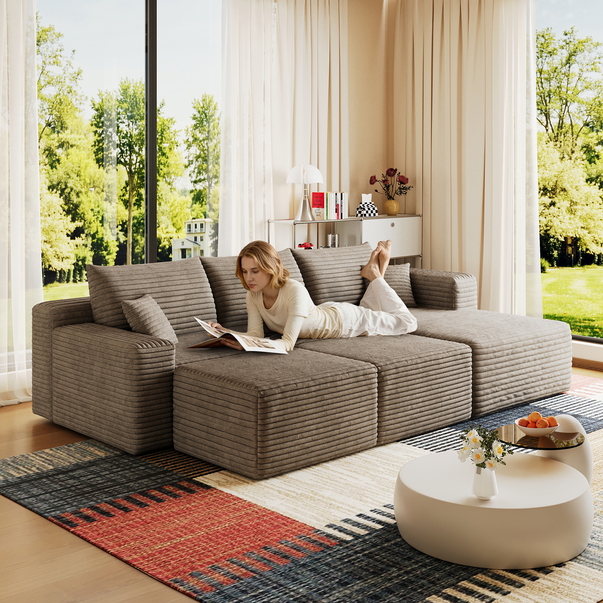95″ Cloud Sectional Sofa with 2 Ottoman,Modern Minimalist Upholstered Couches, Comfort U Shaped Sofa for Living Room,Deep Seat Corner Couch,No Assembly Required,Camel(Plush Corduroy Fabric)