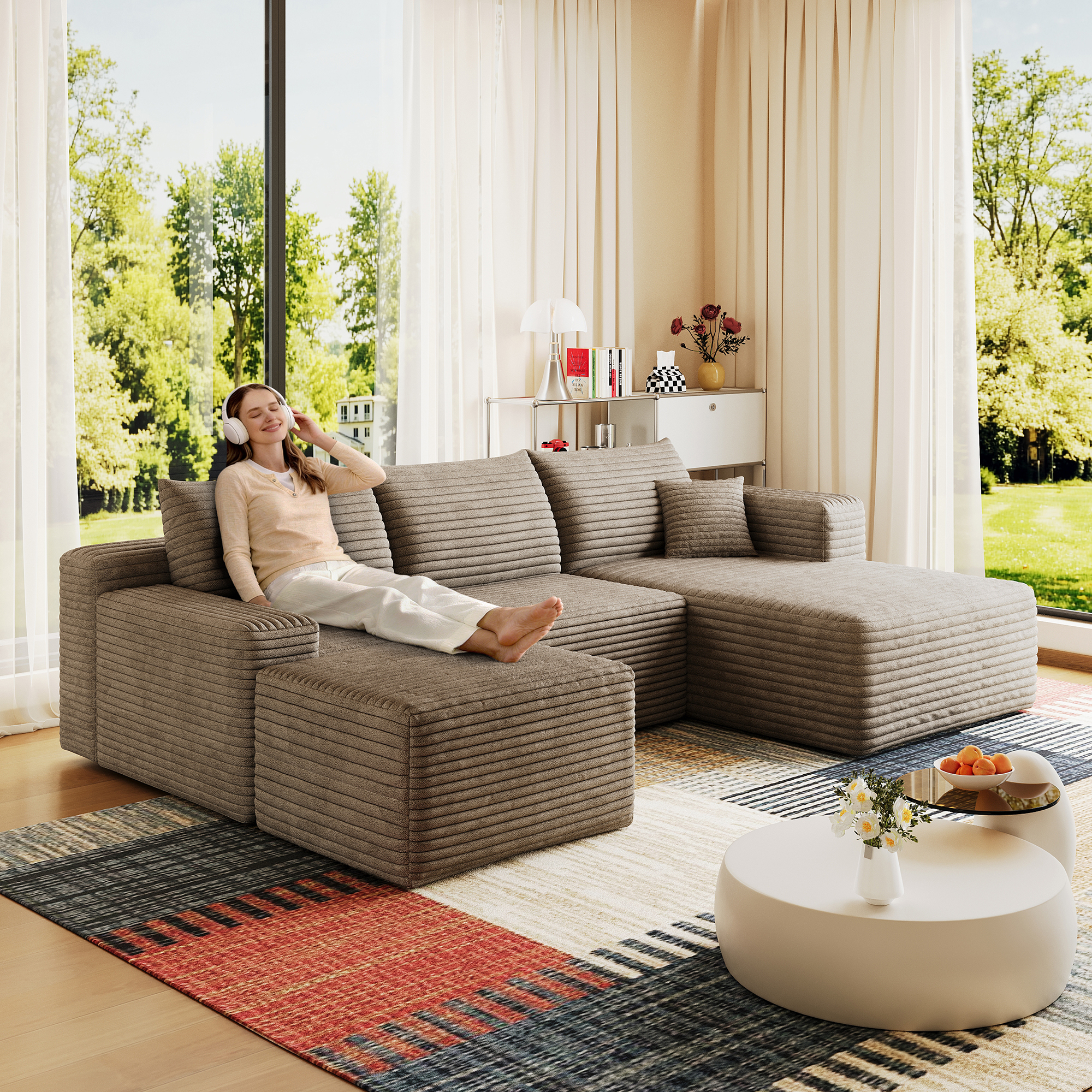95″ Cloud Sectional Sofa with 1 Ottoman,Modern Minimalist Upholstered Couches, Comfort U Shaped Sofa for Living Room,Deep Seat Corner Couch,No Assembly Required,Camel((Plush Corduroy Fabric)