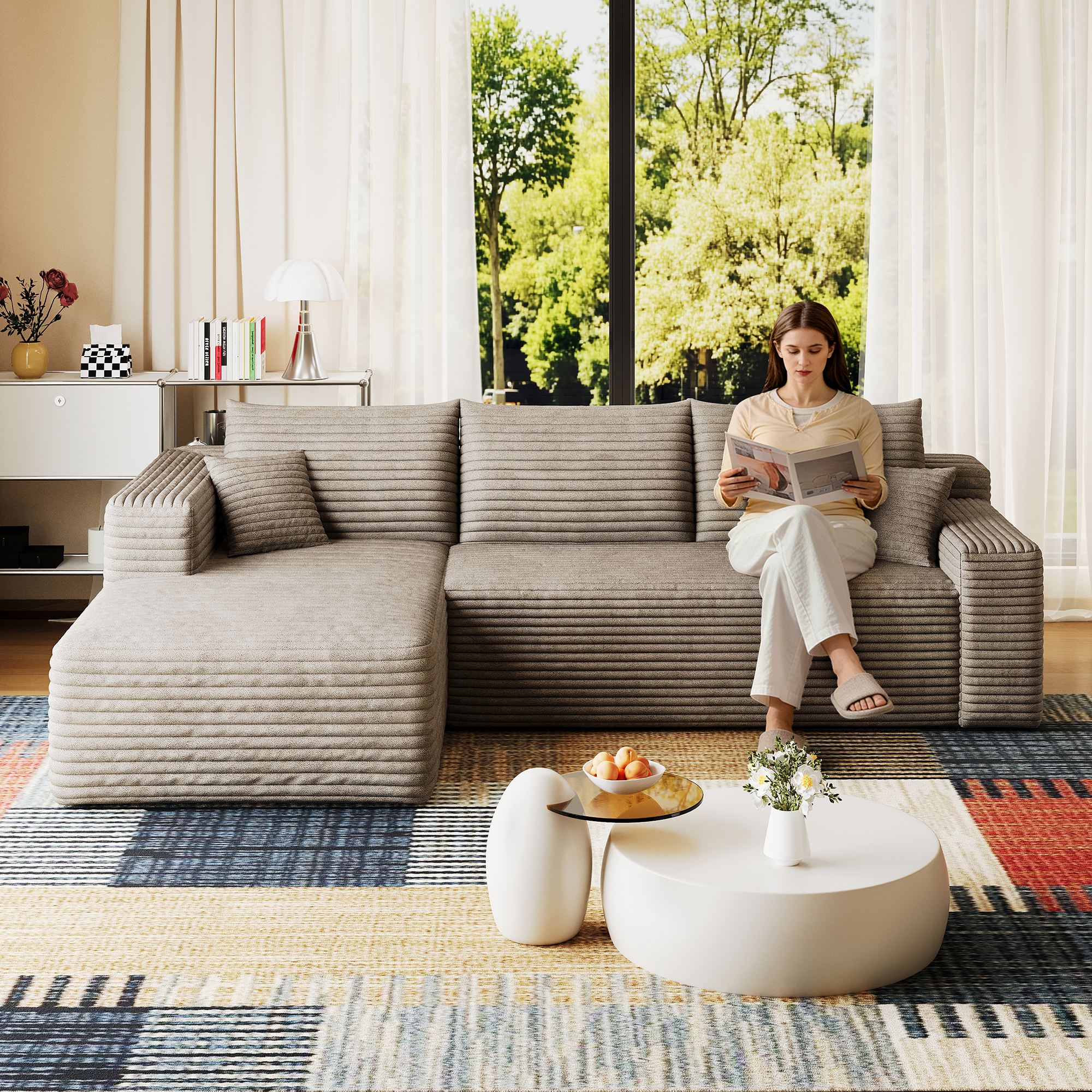 95″ Cloud Sectional Sofa,Modern Minimalist Upholstered Couches, Comfort U Shaped Sofa for Living Room,Deep Seat Corner Couch,No Assembly Required,Camel( (Plush Corduroy Fabric)
