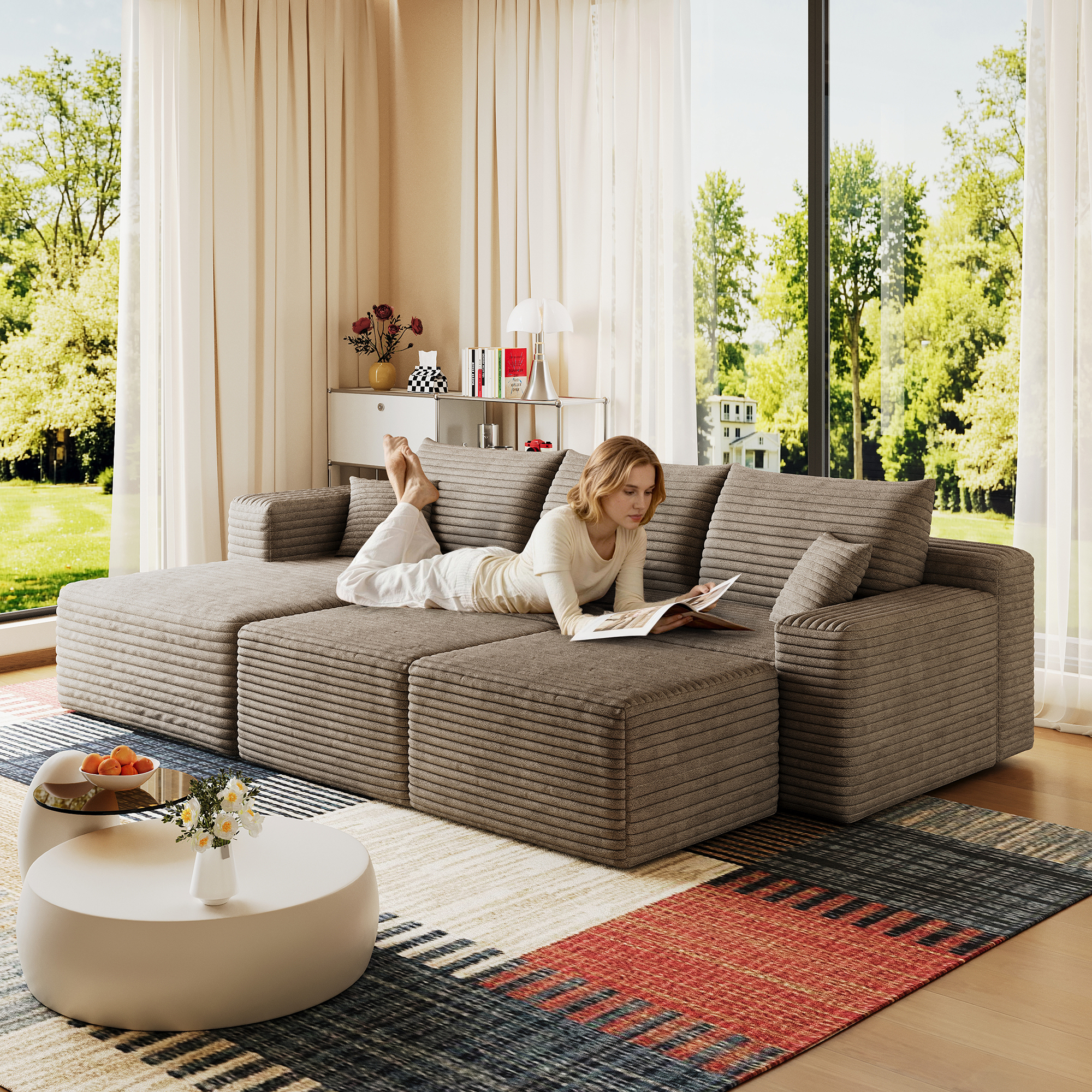 95″ Cloud Sectional Sofa with 2 Ottoman,Modern Minimalist Upholstered Couches, Comfort U Shaped Sofa for Living Room,Deep Seat Corner Couch,No Assembly Required,Camel(Plush Corduroy Fabric)