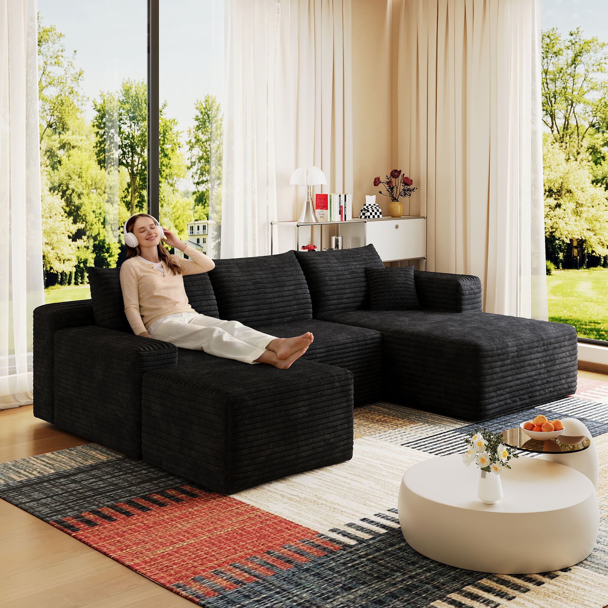 95″ Cloud Sectional Sofa with 1 Ottoman,Modern Minimalist Upholstered Couches, Comfort U Shaped Sofa for Living Room,Deep Seat Corner Couch,No Assembly Required,Black (Plush Corduroy Fabric)