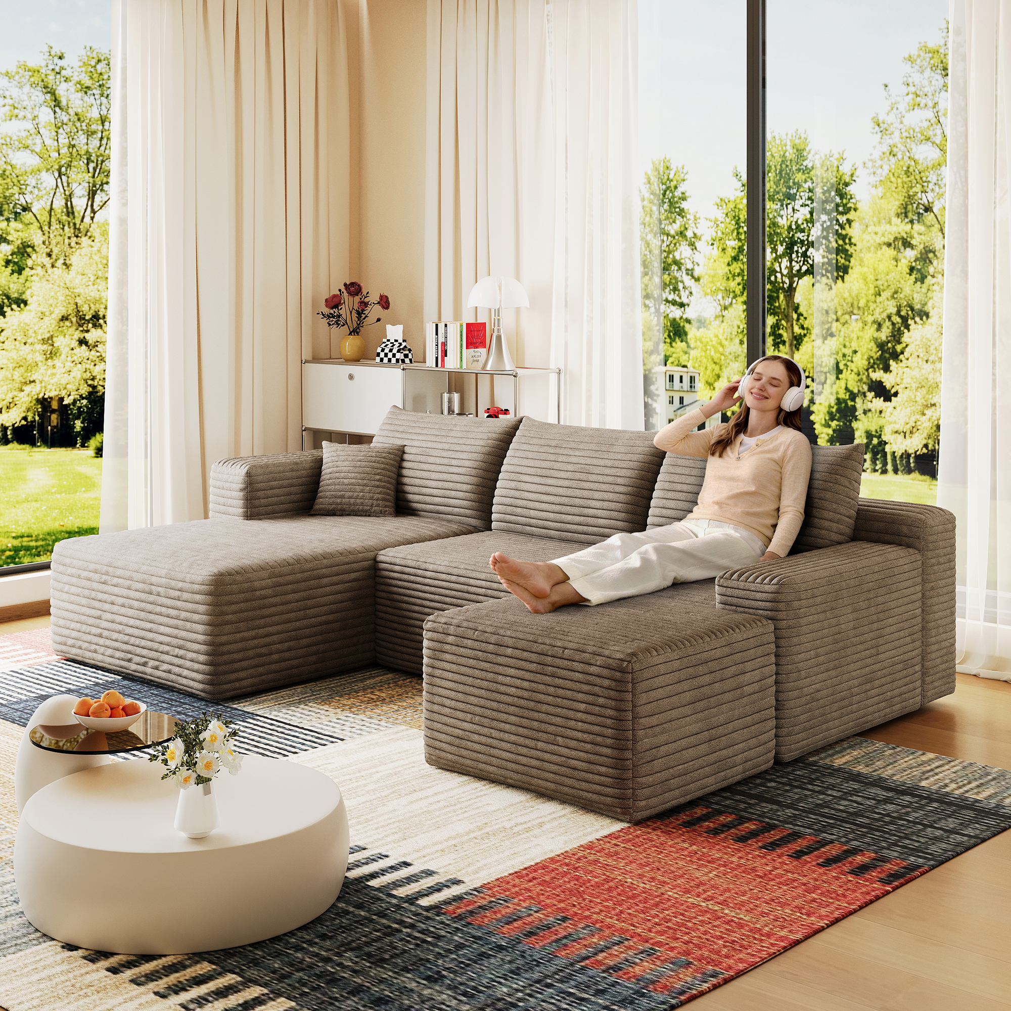 95″ Cloud Sectional Sofa with 1 Ottoman,Modern Minimalist Upholstered Couches, Comfort U Shaped Sofa for Living Room,Deep Seat Corner Couch,No Assembly Required,Camel((Plush Corduroy Fabric)