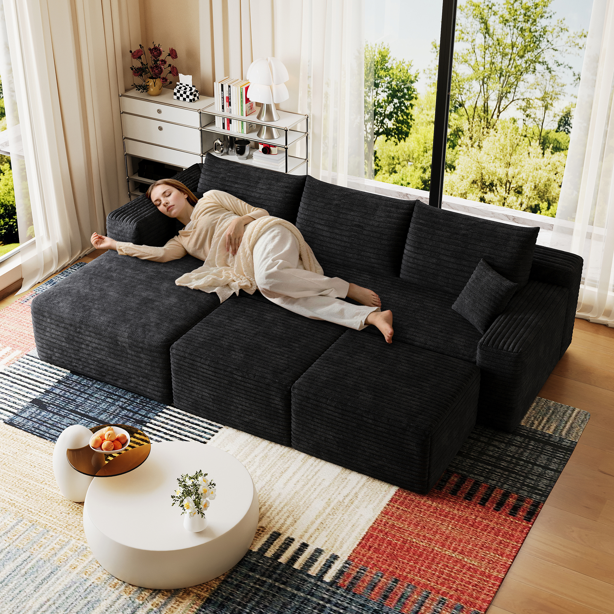 95″ Cloud Sectional Sofa with 2 Ottoman,Modern Minimalist Upholstered Couches, Comfort U Shaped Sofa for Living Room,Deep Seat Corner Couch,No Assembly Required,Black (Plush Corduroy Fabric)