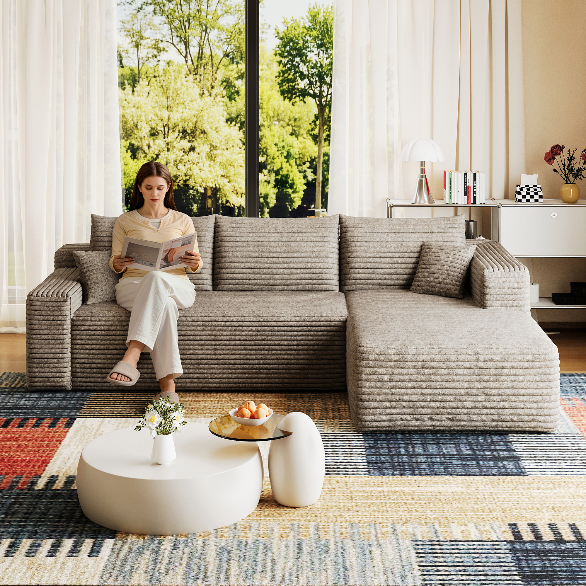 95″ Cloud Sectional Sofa,Modern Minimalist Upholstered Couches, Comfort U Shaped Sofa for Living Room,Deep Seat Corner Couch,No Assembly Required,Camel( (Plush Corduroy Fabric)