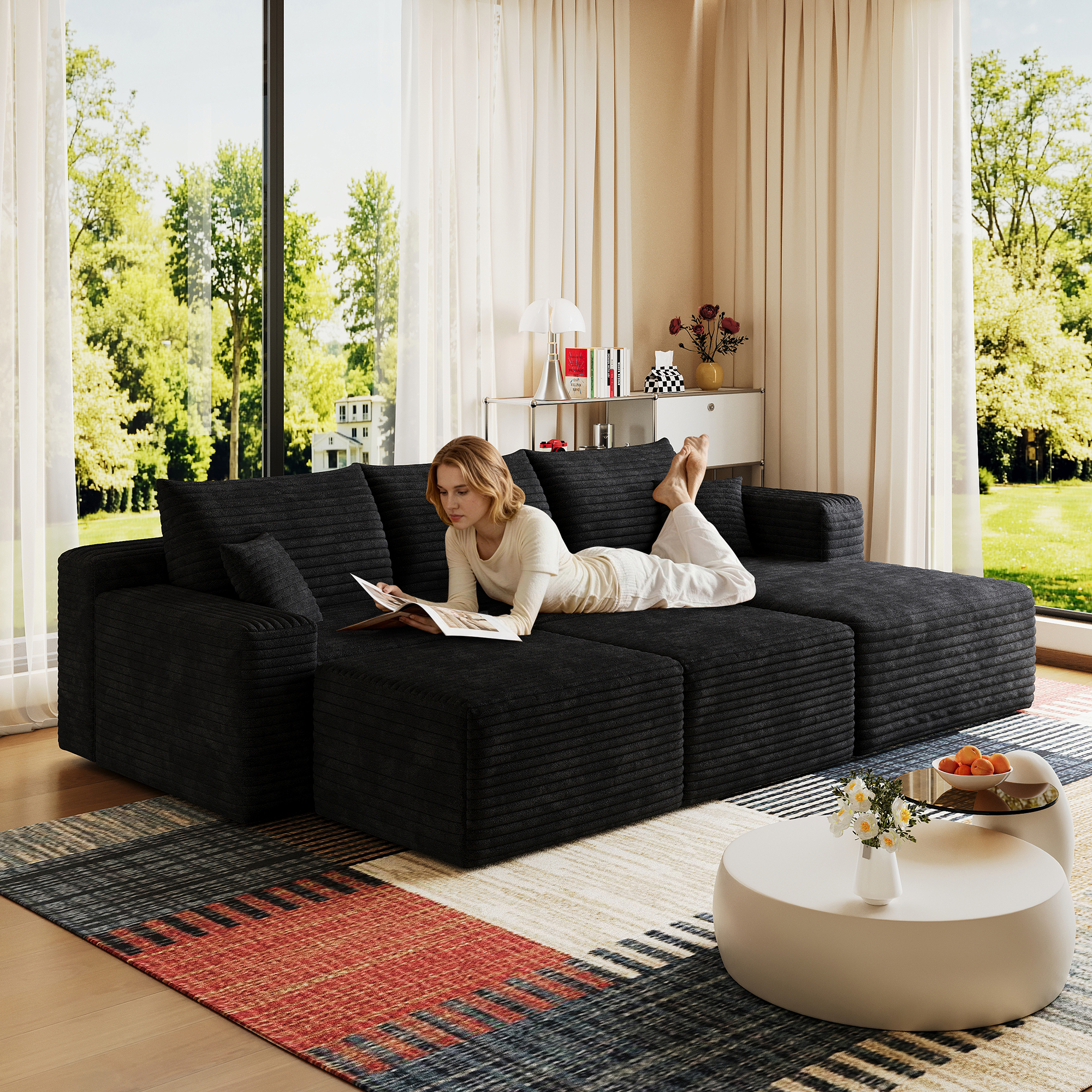 95″ Cloud Sectional Sofa with 2 Ottoman,Modern Minimalist Upholstered Couches, Comfort U Shaped Sofa for Living Room,Deep Seat Corner Couch,No Assembly Required,Black (Plush Corduroy Fabric)