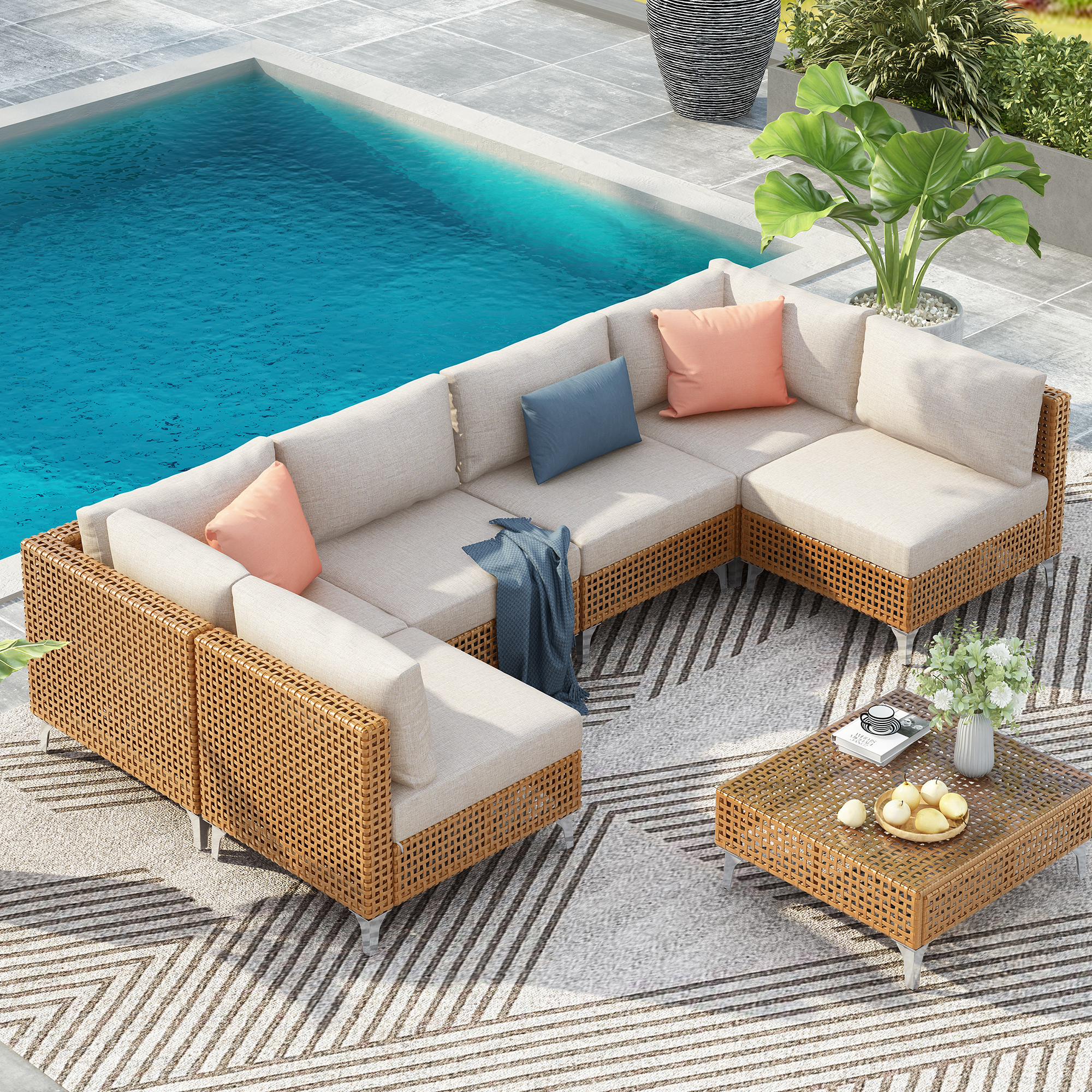 K&K 7-Piece Wicker Patio Furniture Set, Outdoor Conversation Set Sectional Sofa with Water Resistant Beige Thick Cushions and Coffee Table for Outdoor Couch, Porch, Backyard – Beige