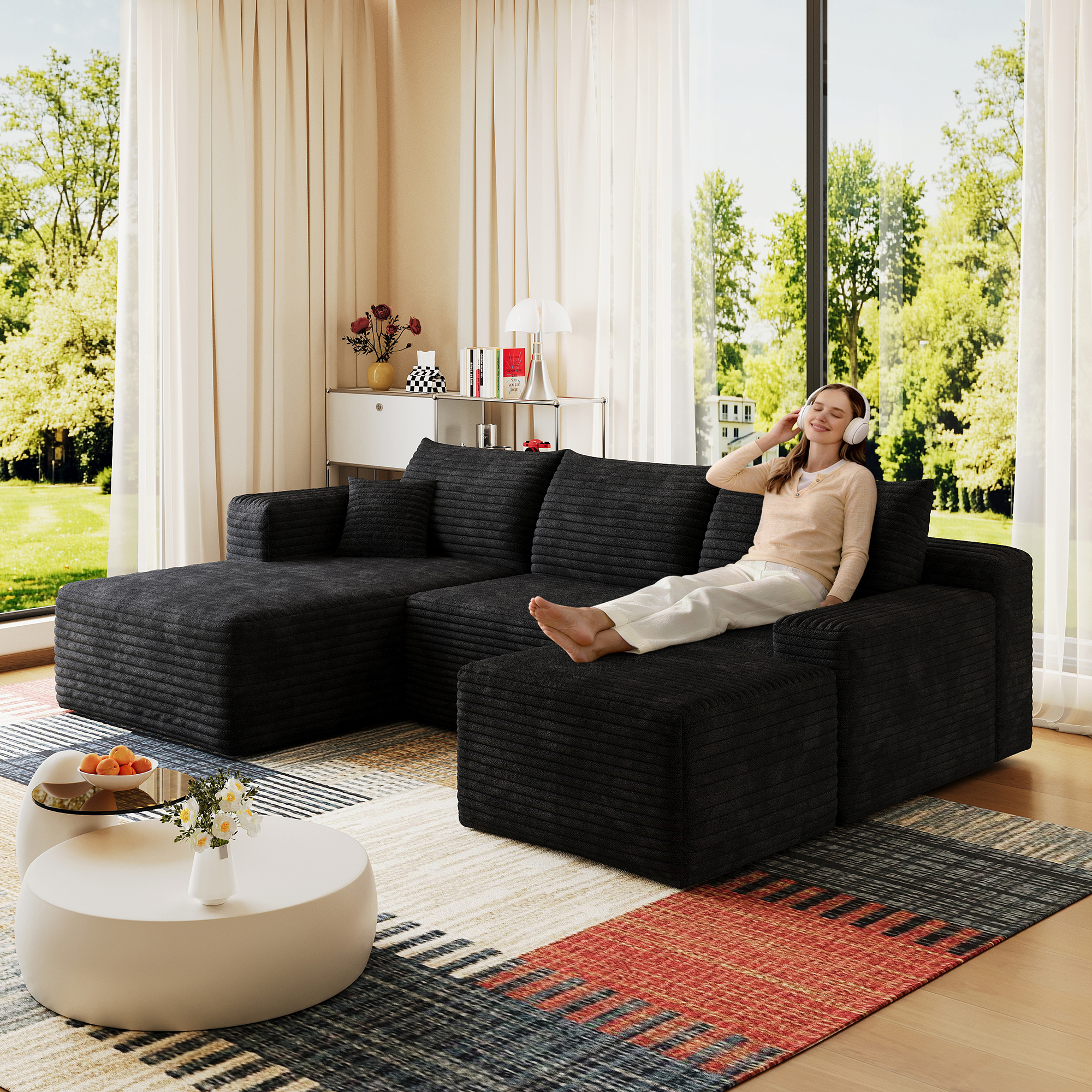 95″ Cloud Sectional Sofa with 1 Ottoman,Modern Minimalist Upholstered Couches, Comfort U Shaped Sofa for Living Room,Deep Seat Corner Couch,No Assembly Required,Black (Plush Corduroy Fabric)