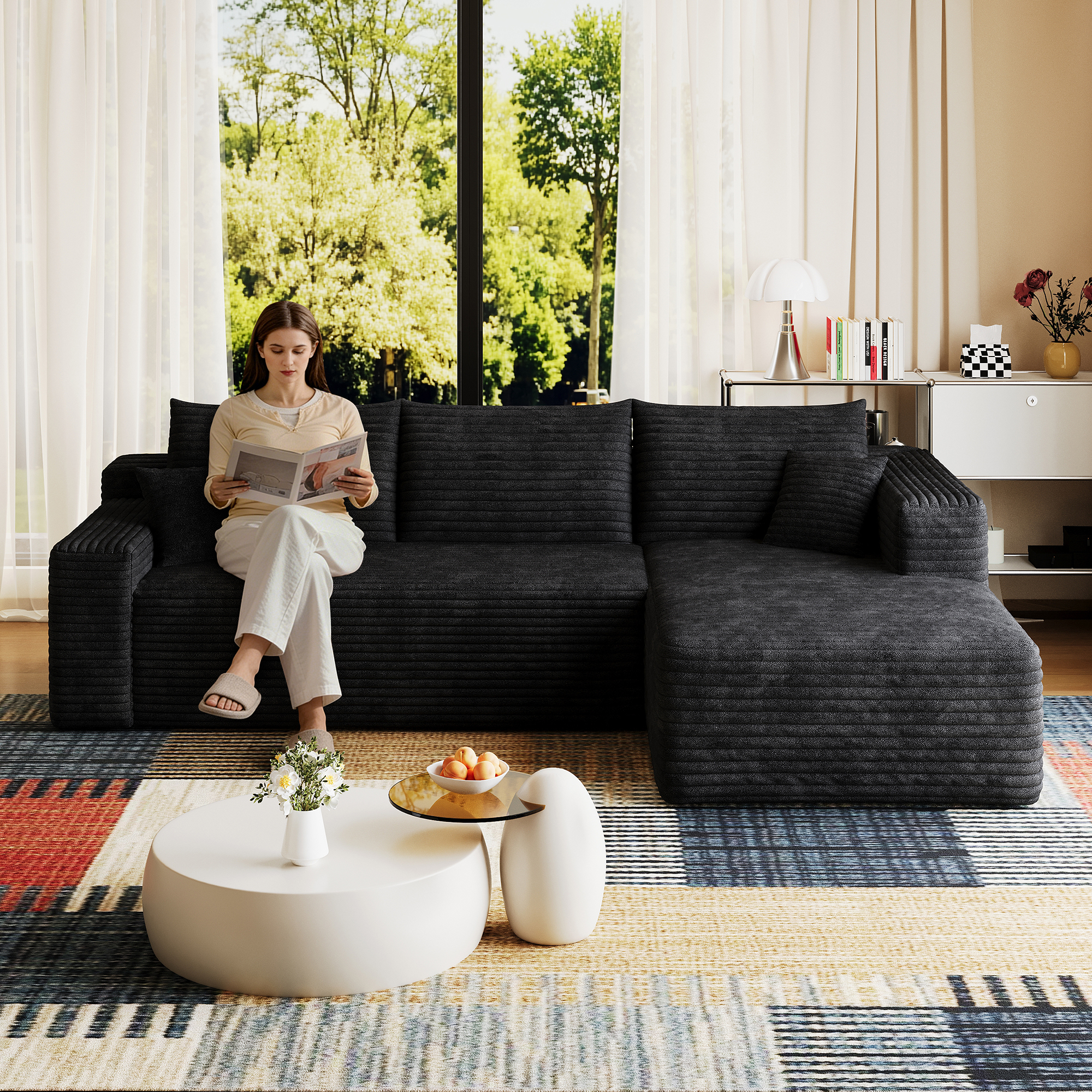 95″ Cloud Sectional Sofa,Modern Minimalist Upholstered Couches, Comfort U Shaped Sofa for Living Room,Deep Seat Corner Couch,No Assembly Required,Black (Plush Corduroy Fabric)