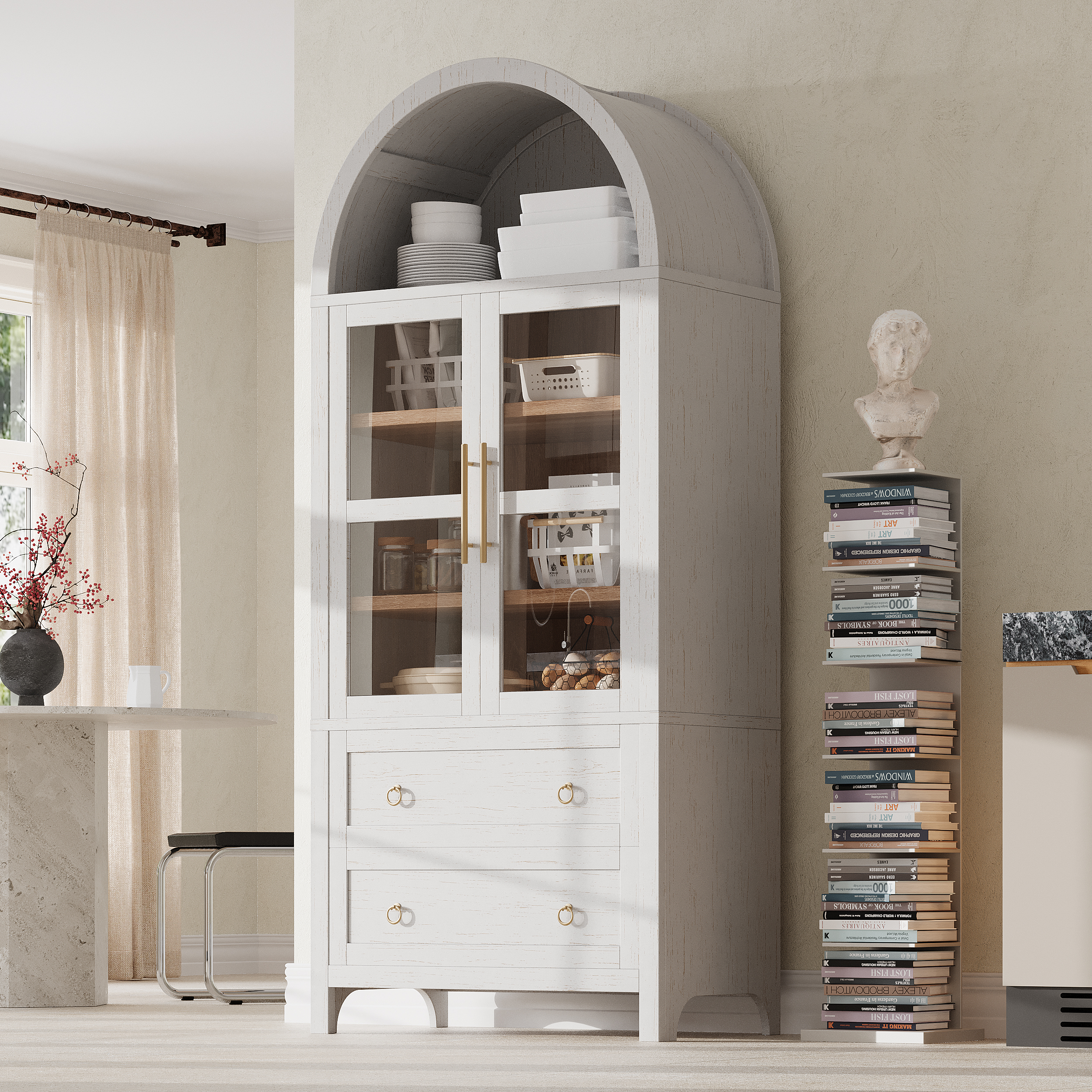 K&K 71″ Tall Arched Kitchen Pantry Cabinet with 2 Large Drawers, Modern Farmhouse Kitchen Storage Cabinets with Adjustable Shelves, Glass Door, Wood Versatile Cupboard for Kitchens, Dining Room, White