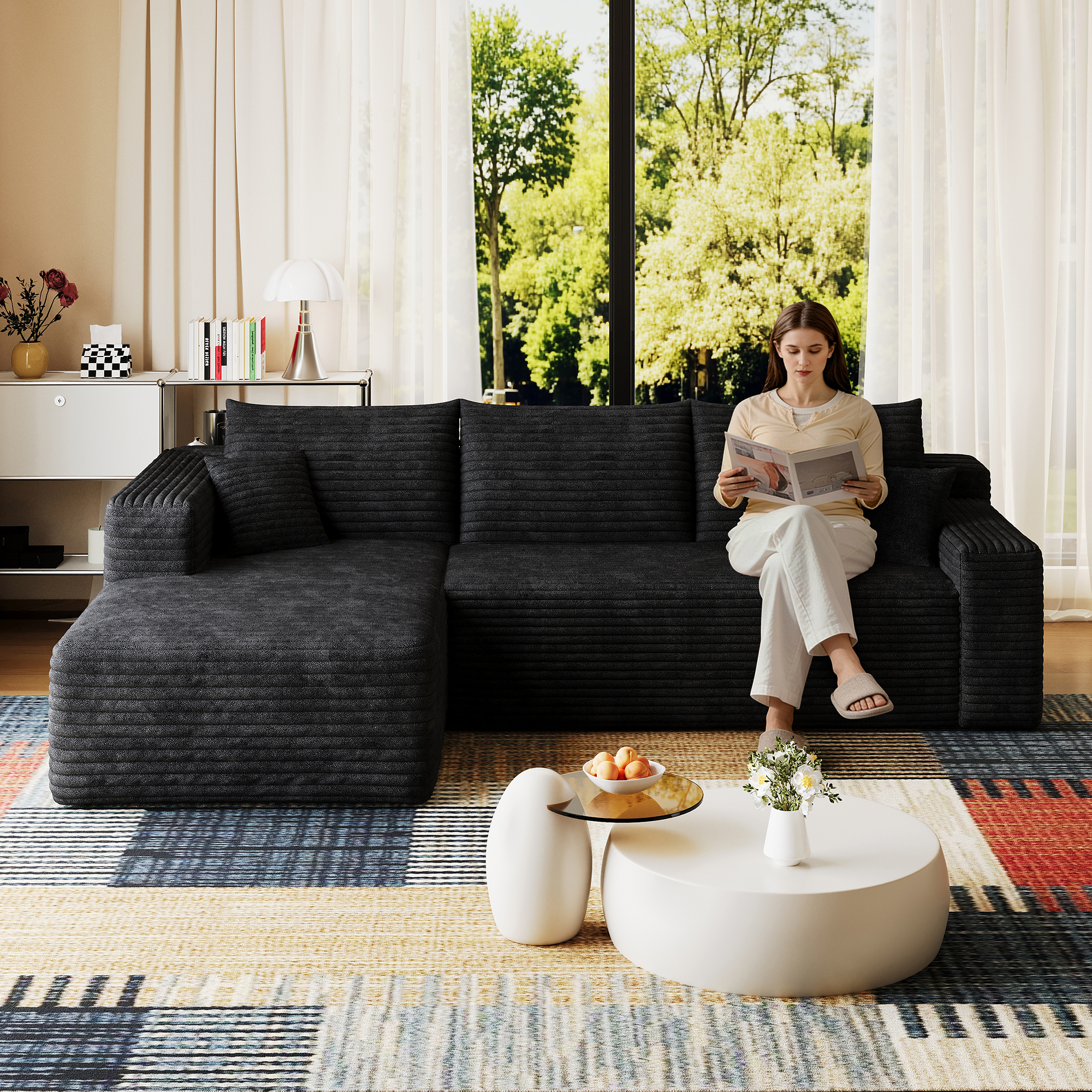 95″ Cloud Sectional Sofa,Modern Minimalist Upholstered Couches, Comfort U Shaped Sofa for Living Room,Deep Seat Corner Couch,No Assembly Required,Black (Plush Corduroy Fabric)
